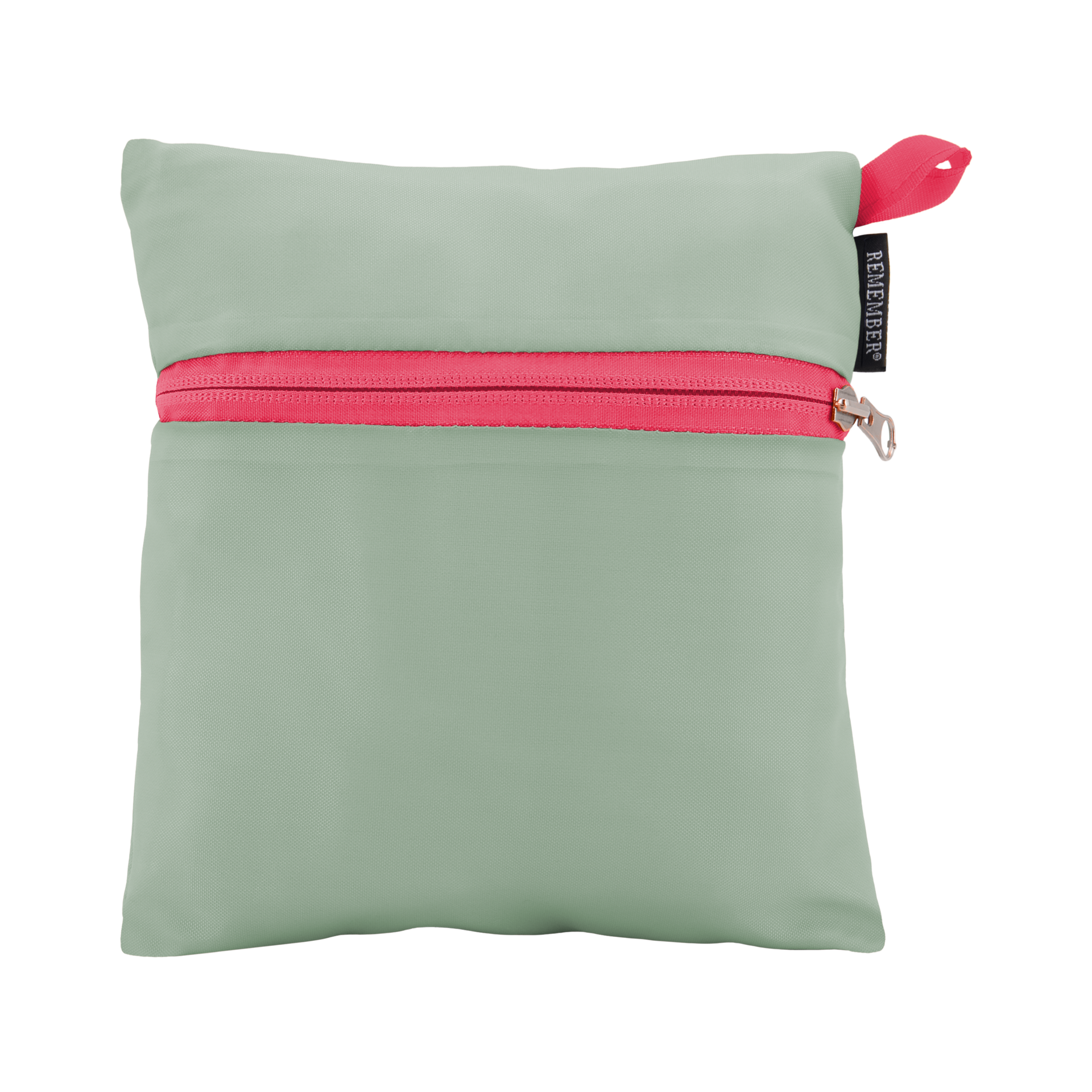 Gefaltete, hellgrüne Reisetasche 'Rosi' mit pinkem Reißverschluss und pinker Schlaufe. Logo-Etikett seitlich.