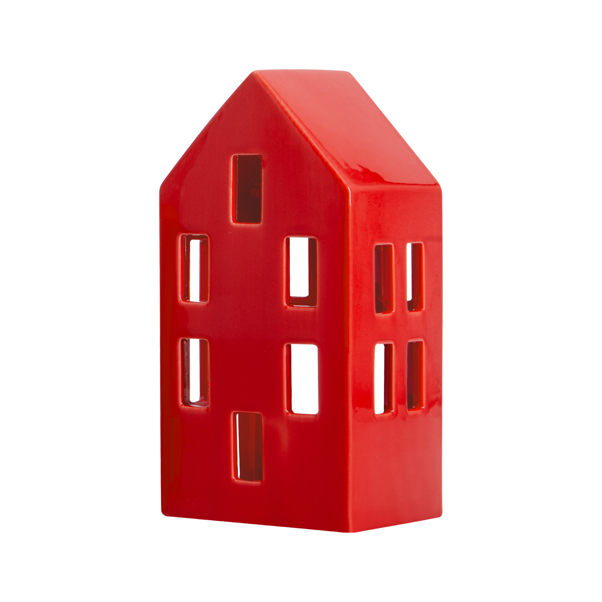 Ein rotes, keramikartiges Teelichthaus im Design eines stilisierten Hauses mit rechteckigen Fensteröffnungen.