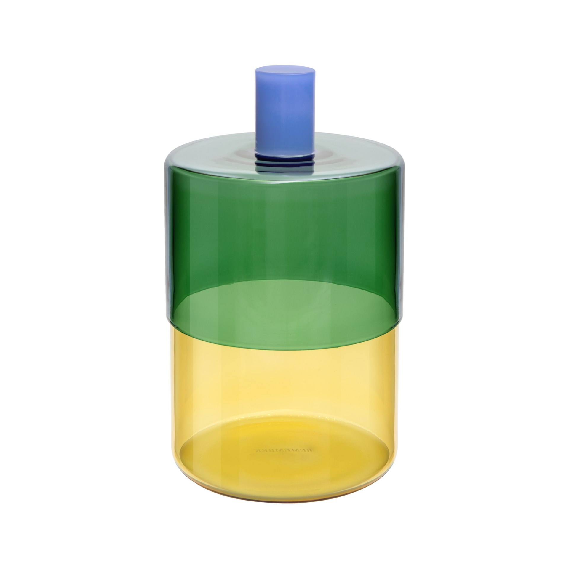 Boîte en verre haute et cylindrique avec deux zones transparentes : jaune vif en bas, vert pétrole profond en haut. Fermée par un couvercle rond opaque bleu pétrole clair, avec une poignée cylindrique bleu plus foncé.