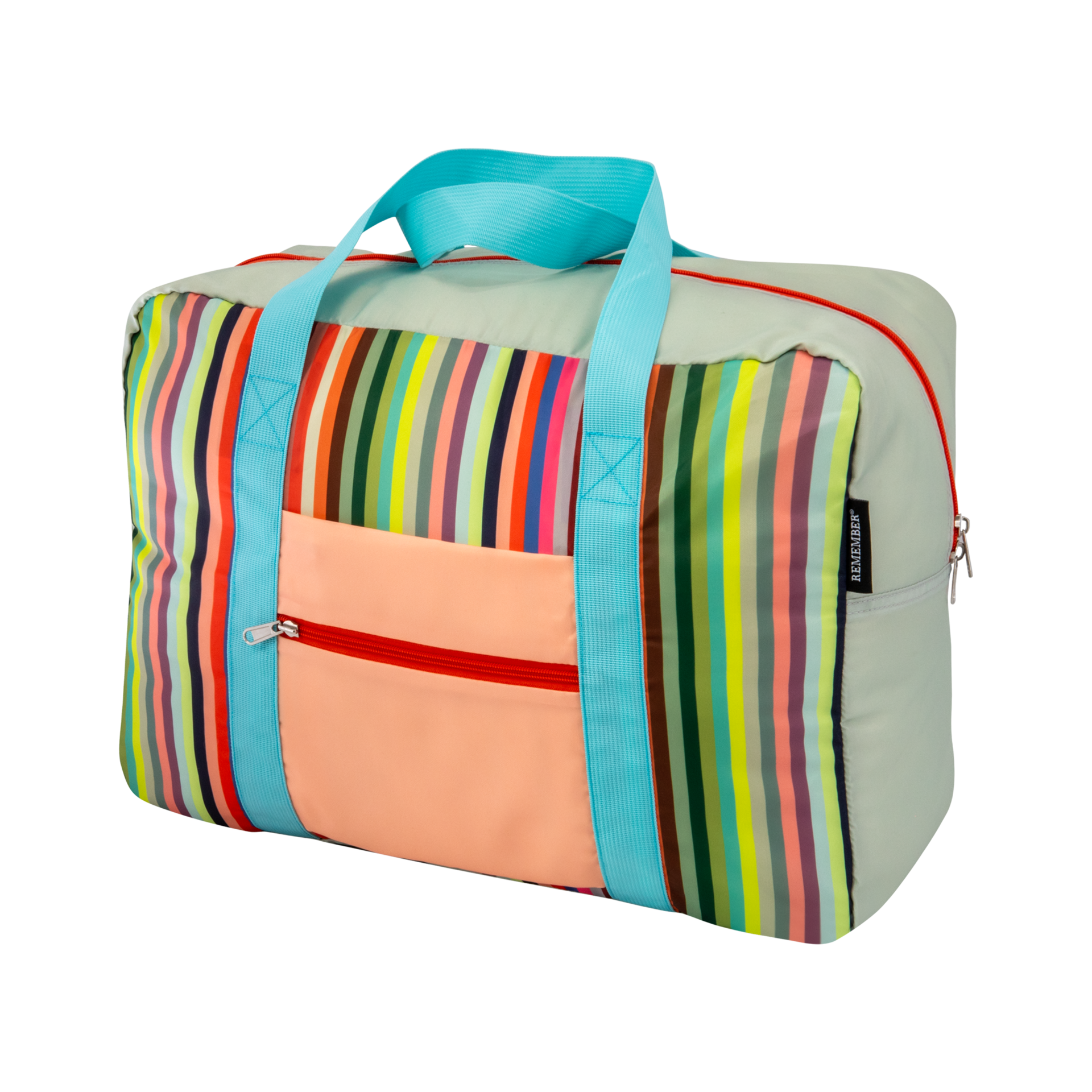 Sac de voyage rectangulaire « Milano » vert-gris clair, à rayures verticales multicolores. Poche avant pêche avec fermeture éclair rouge. Anses bleu clair et zip principal à double curseur. Brillant, léger.