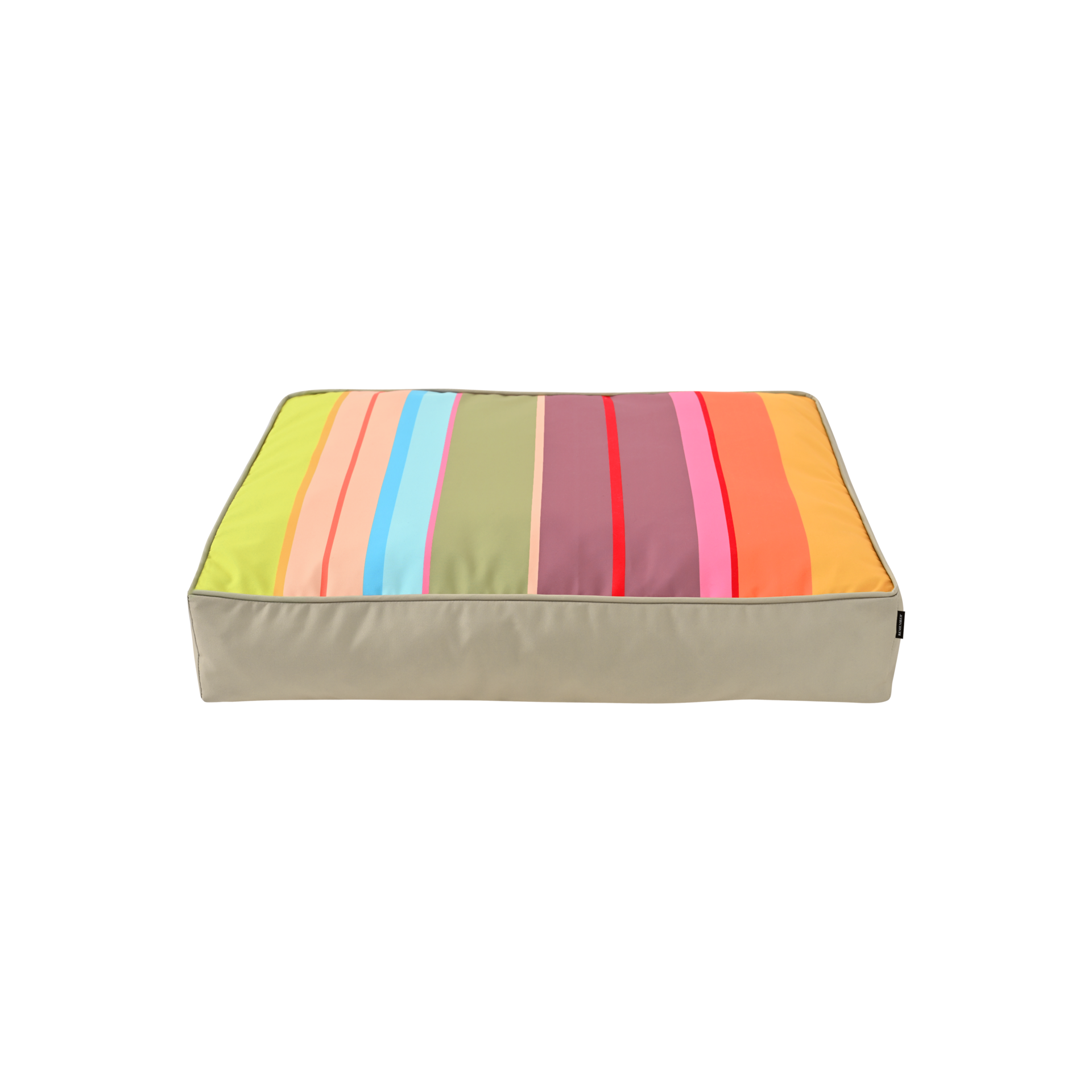 Cuscino rettangolare per cani con vivace superficie superiore: strisce verticali in giallo, arancione, azzurro, verde, rosa, rosso e viola. I lati in beige chiaro offrono un comodo posto di riposo.