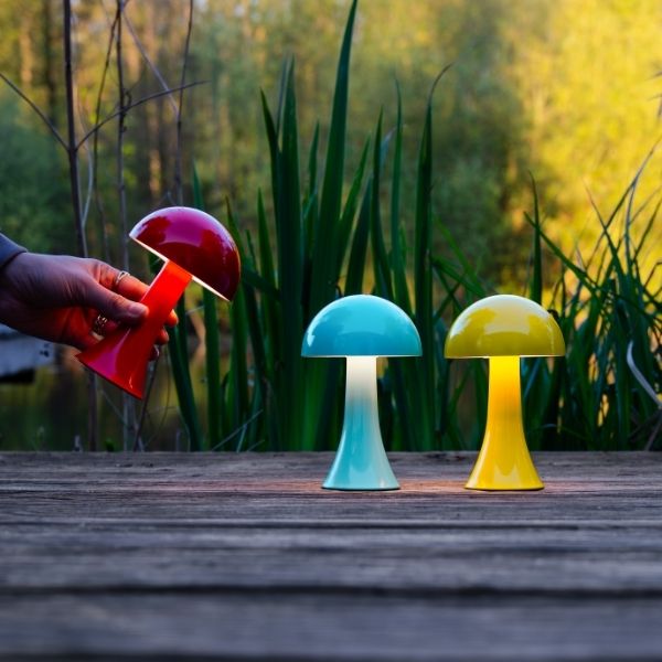 Trois lampes champignon sur une passerelle en bois. Une lampe rouge est tenue à la main, tandis qu'une lampe turquoise et une lampe jaune sont posées sur la passerelle. En arrière-plan, plantes vertes et eau. Lumière chaleureuse.