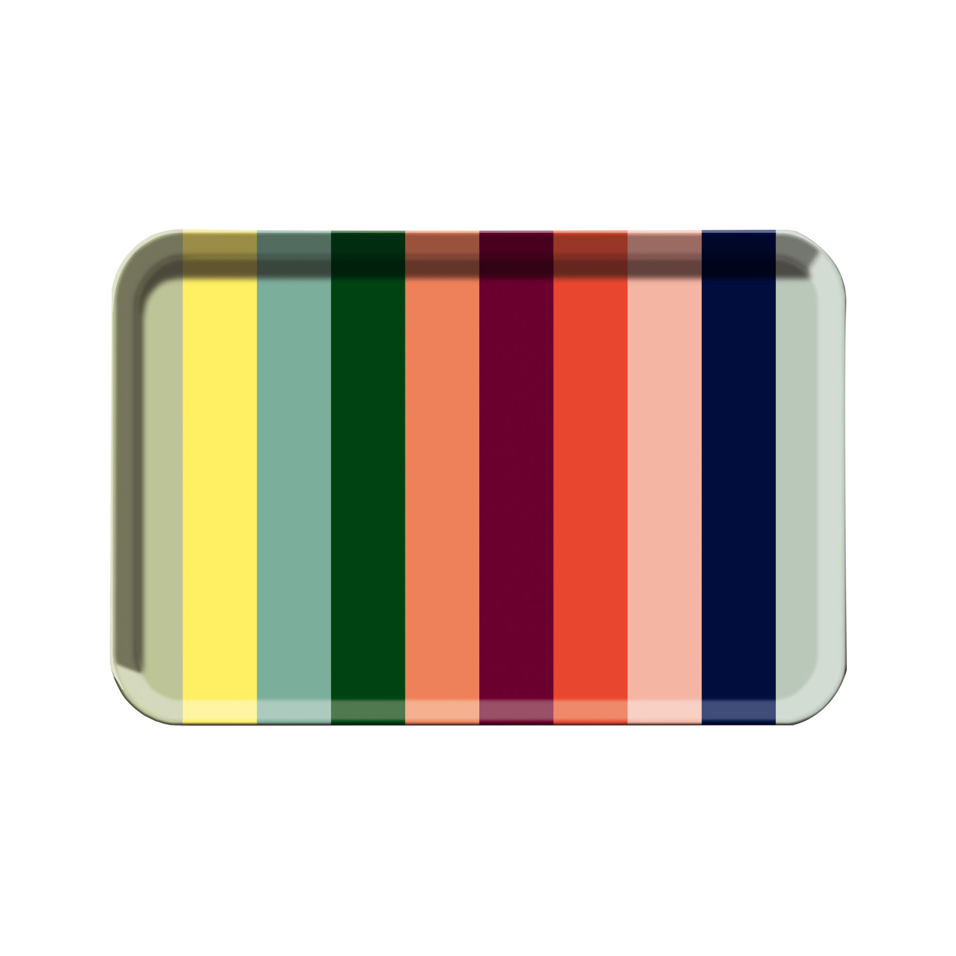 Rechteckiges, farbenfrohes Tablett mit abgerundeten Ecken. Es zeigt ein Streifenmuster in Gelb, Grün, Orange, Rot, Rosa und Blau.