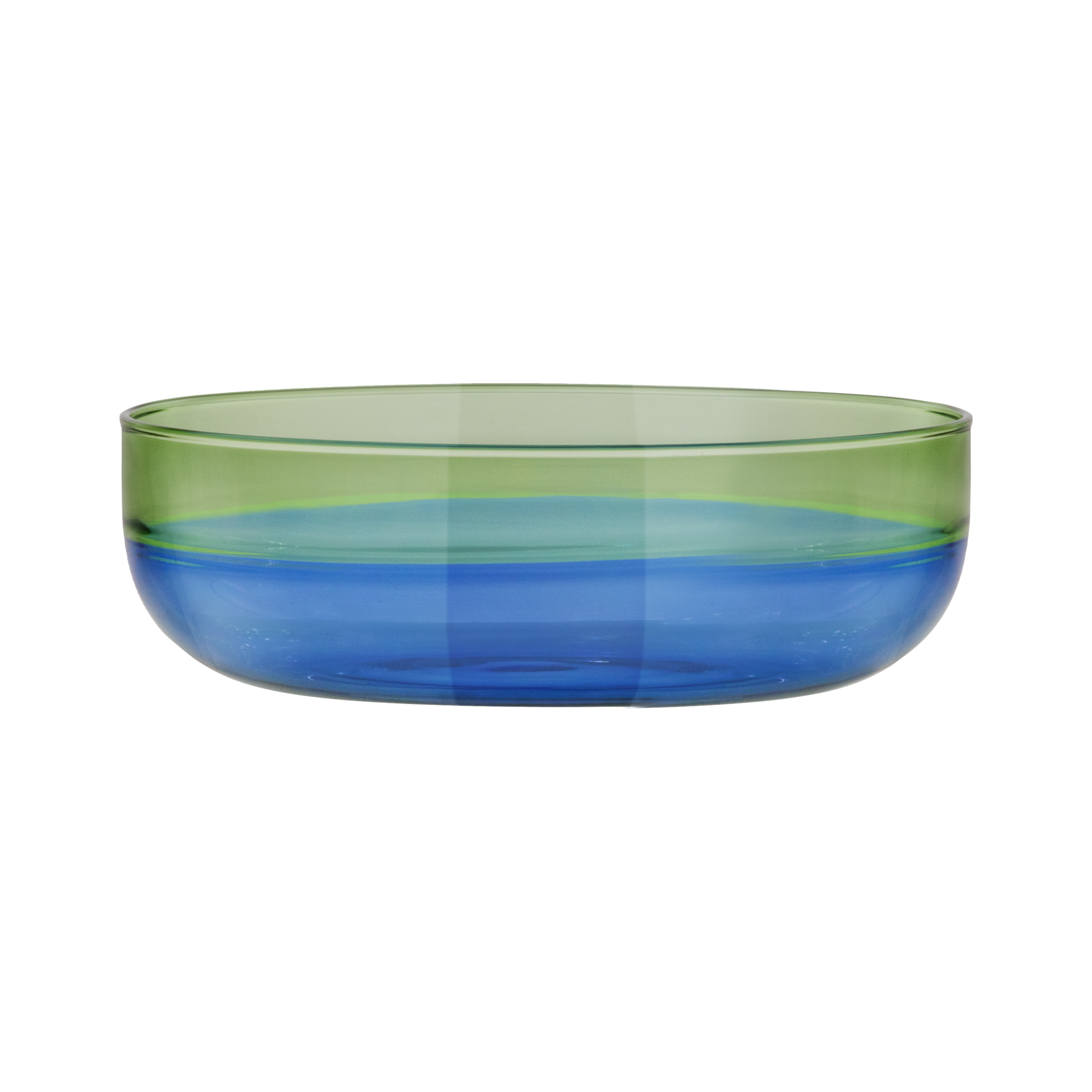Ein Glasschälchen im 'Ocean'-Design, mit blauem unterem Bereich und grünem oberen Bereich, freigestellt auf weißem Hintergrund.