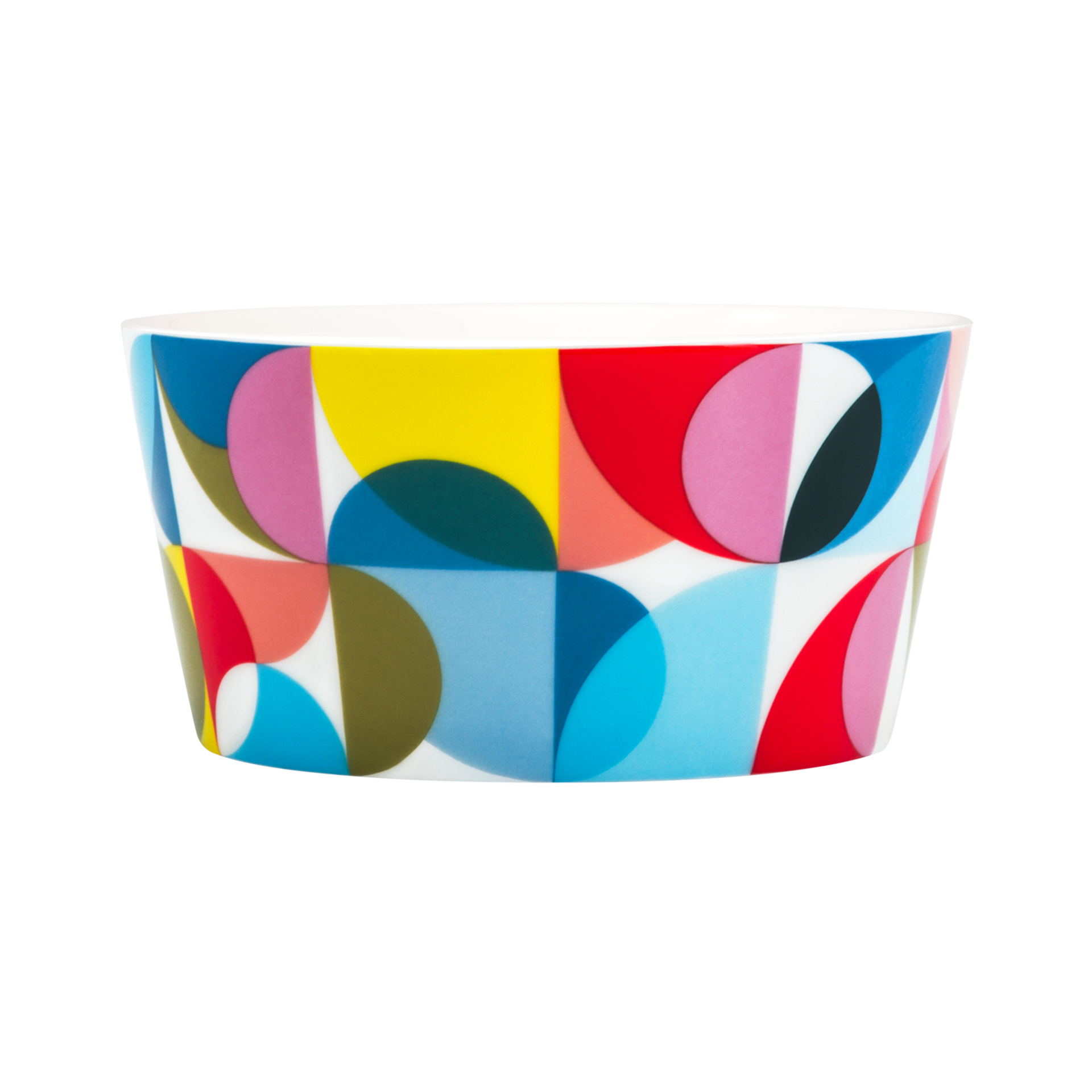 Eine Müslischale namens 'Solena' mit einem bunten, geometrischen Muster aus Kreisen und Quadraten in Blau, Gelb, Rot, Rosa, Grün und Schwarz.