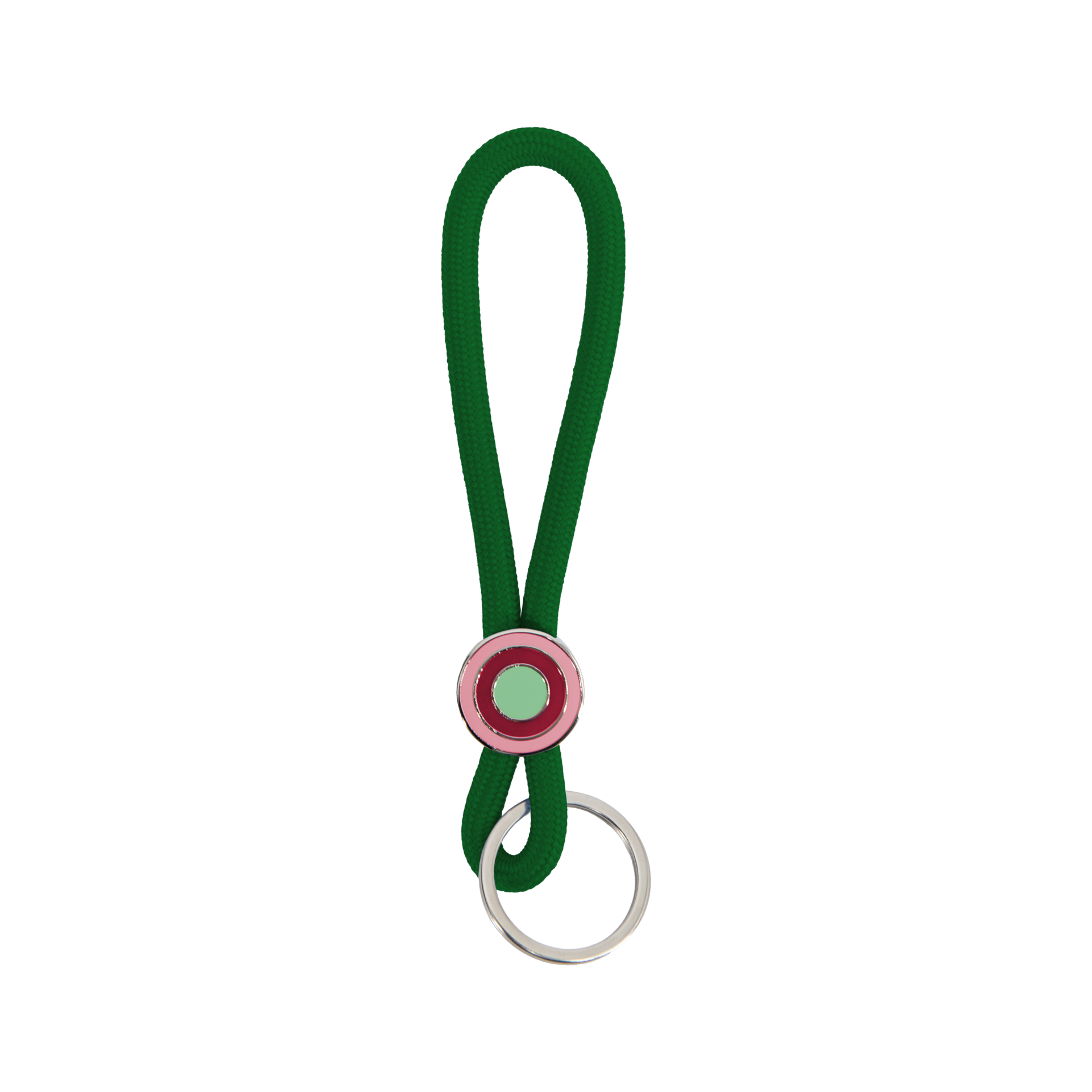 Schlüsselanhänger Ringo Forest: Grünes Seil mit Schlaufe, verbunden durch einen rosa-roten Ring und einen silbernen Schlüsselring.