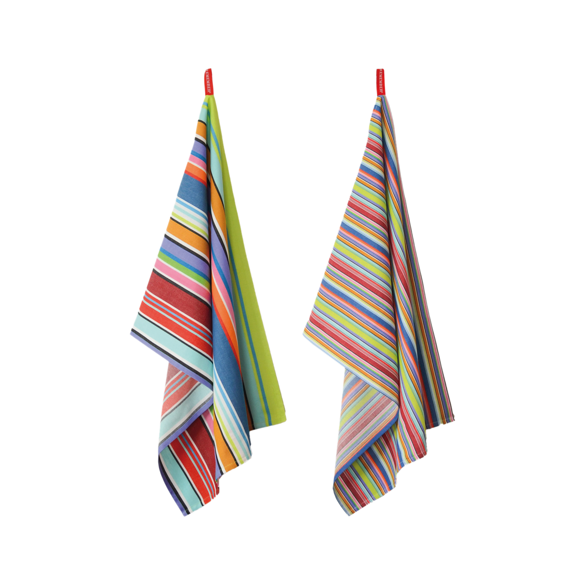 Zwei gestreifte Trockentücher in verschiedenen Designs hängen nebeneinander. Die Streifen sind in diversen Farben wie Rot, Blau, Grün und Orange gehalten.