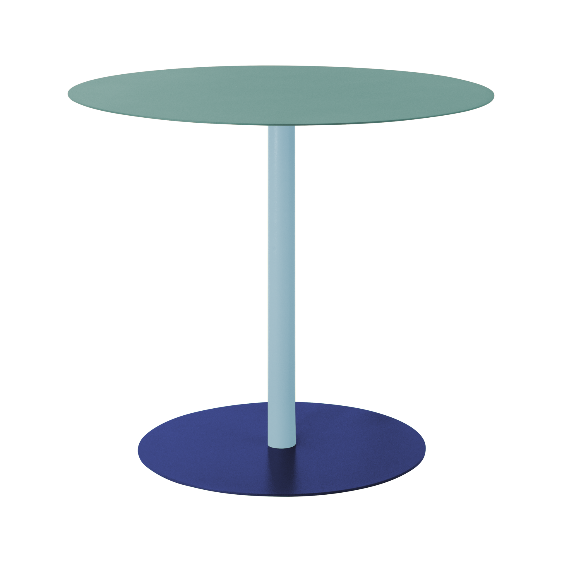 Table d'appoint moderne aux formes arrondies. Plateau vert menthe sur pied cylindrique bleu clair, posé sur une base ronde stable bleu foncé. Couleurs ciel et mer, idéale comme support élégant.
