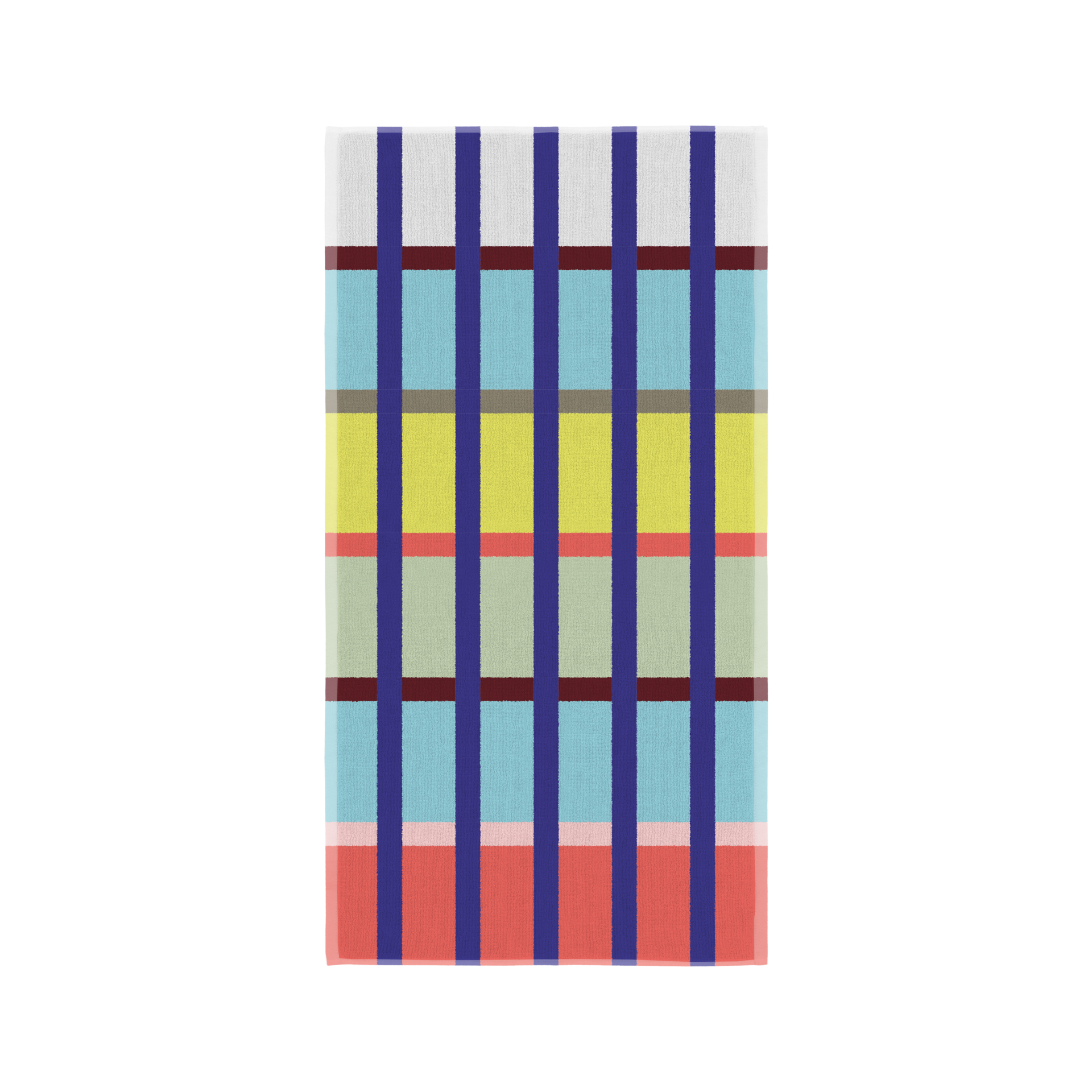 Serviette Yoku pliée verticalement ou à plat, avec motif à carreaux vifs sur fond blanc. Grandes rayures verticales bleu foncé, bandes horizontales bleu clair, jaunes, vertes et corail, avec fines lignes marron et roses.