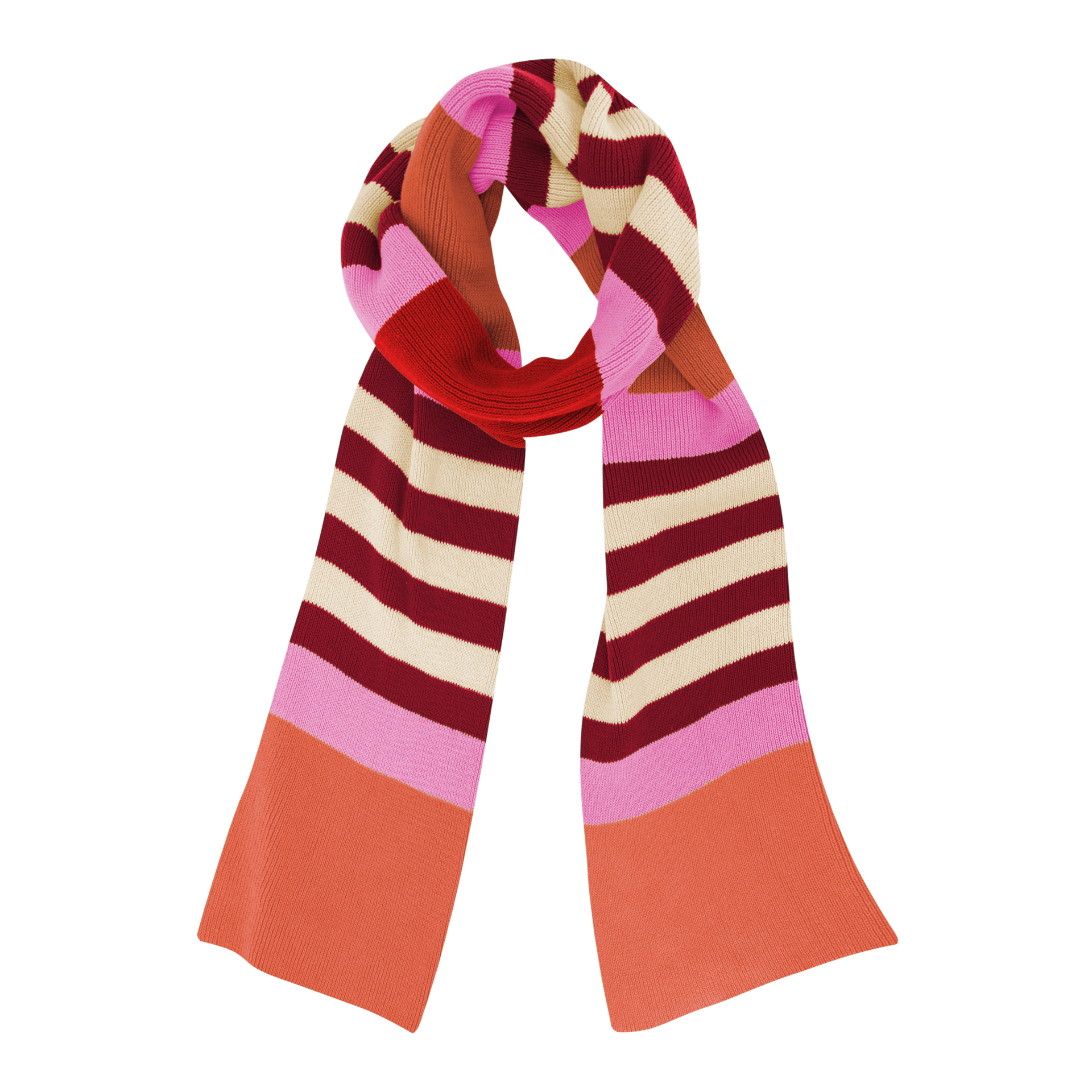 Écharpe en coton douce et rayée, au tombé souple, dans une harmonieuse combinaison de couleurs. Elle présente de larges rayures horizontales rouge cerise, crème clair, rose vif et orange-rouge chaleureux.