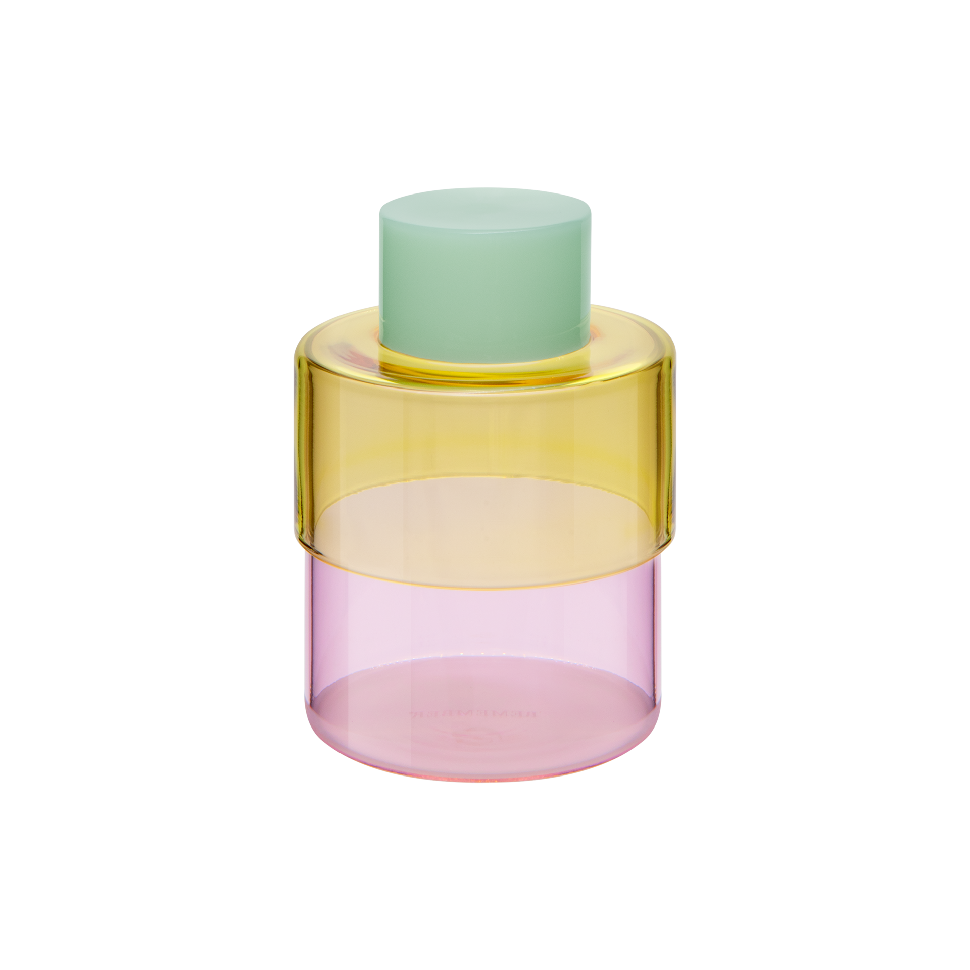 Boîte en verre cylindrique Milou avec couvercle opaque vert clair. Corps transparent en deux parties : haut jaune vif, bas rose tendre. Verre borosilicaté apte au contact alimentaire, rangement élégant.