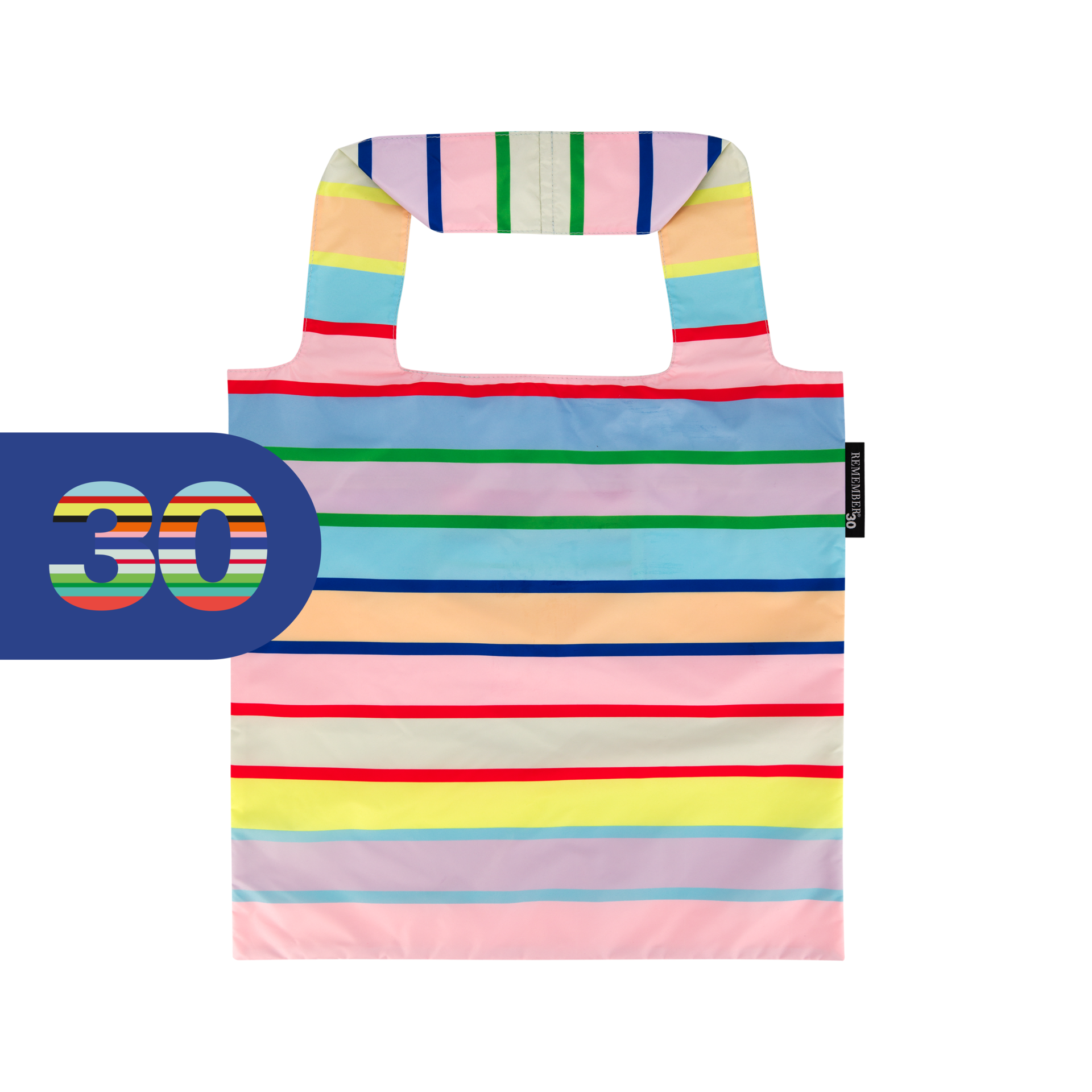 Sac de transport coloré, se tenant debout, orné de rayures horizontales en tons rose, bleu clair, violet, vert, jaune, orange, rouge et bleu foncé. Ans es rayées. Petite étiquette «REMEMBER 30 » cousue sur le côté.