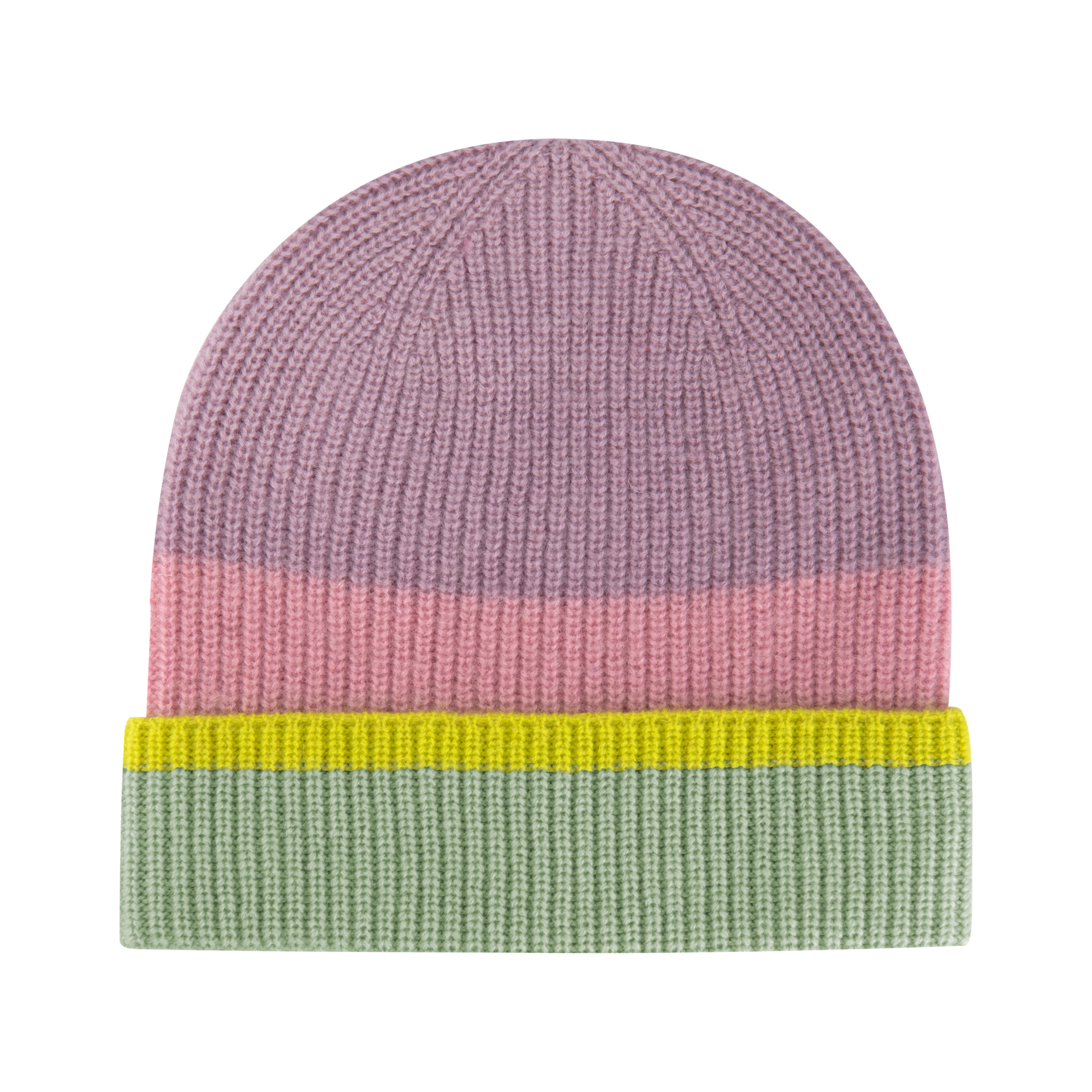 Bonnet tricoté en laine et cachemire, à couleurs contrastées : violet clair sur le dessus, rayures roses en dessous. Rebord orné d'une fine rayure jaune et d'une large rayure vert clair. Motif côtelé, d'aspect doux et chaleureux.