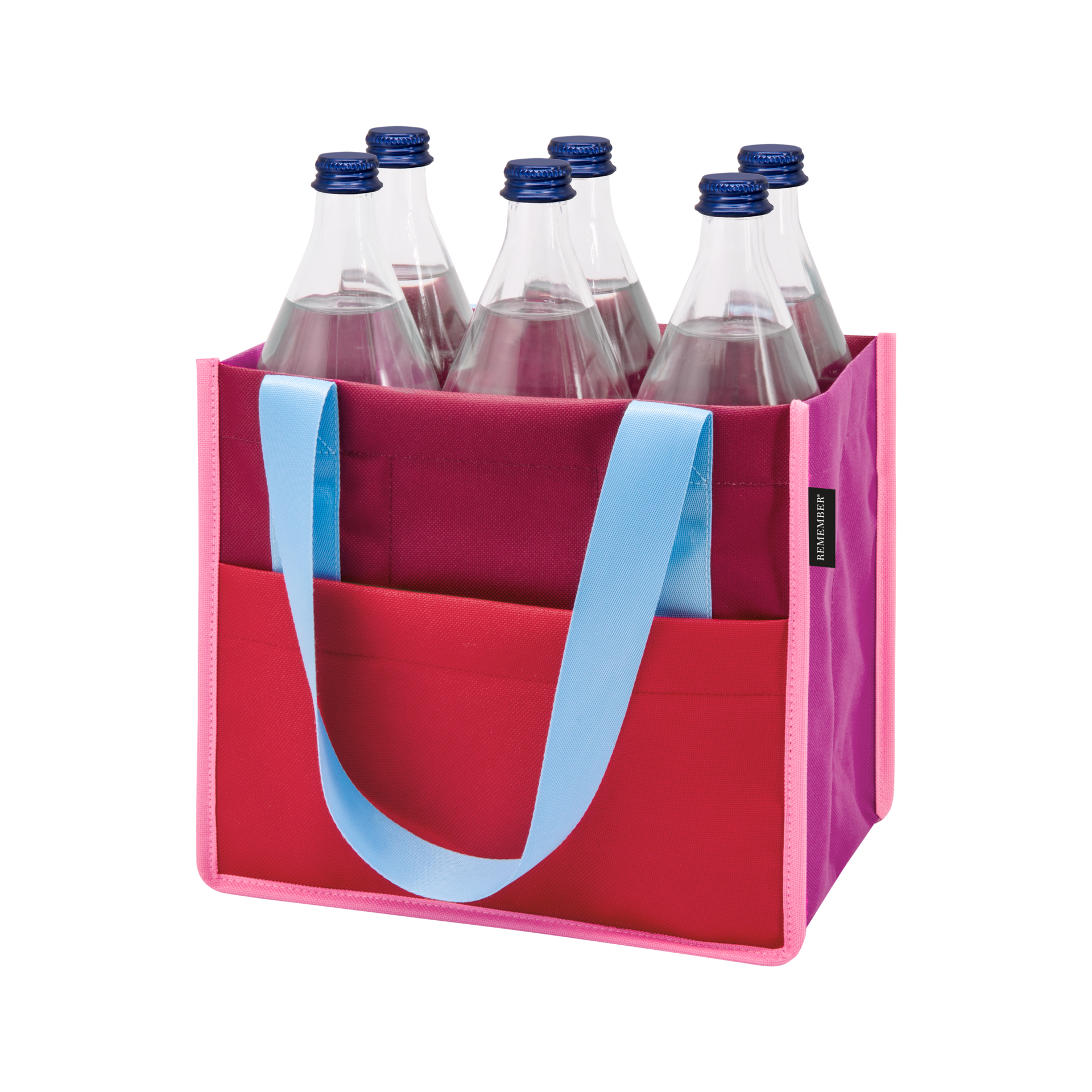 Flaschentasche 'Berry' mit sechs Wasserflaschen. Die Tasche ist rot, pink, beerefarben mit hellblauen Trägern.