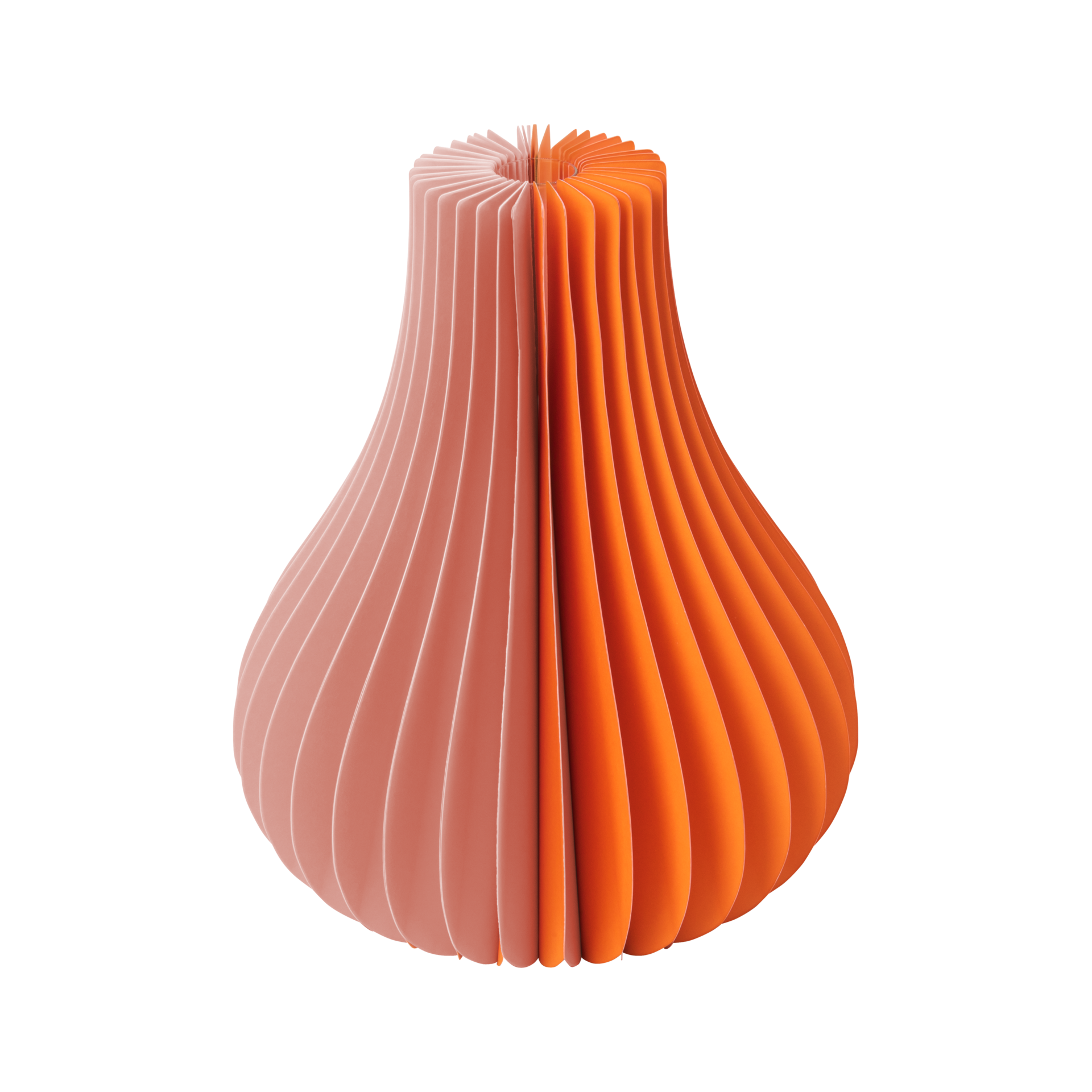 Vaso di carta arancione "Yuki", composto da singole strisce verticali di carta. Una metà è rosa pallido, l'altra arancione brillante.