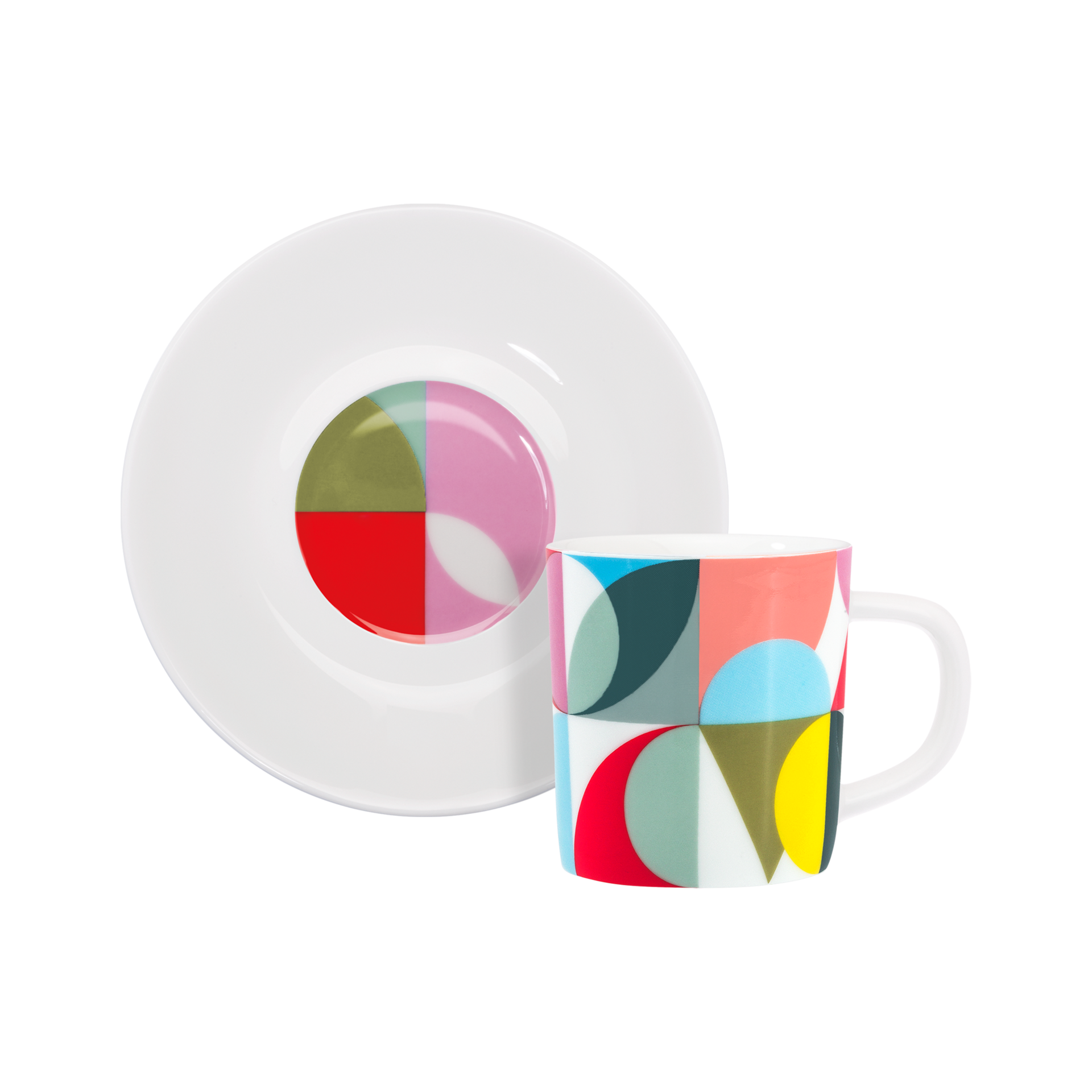 'Solena' Espressotasse mit Henkel und Unterteller mit farbigem, geometrischem Muster. Passend für Espresso, spülmaschinen- und mikrowellengeeignet.