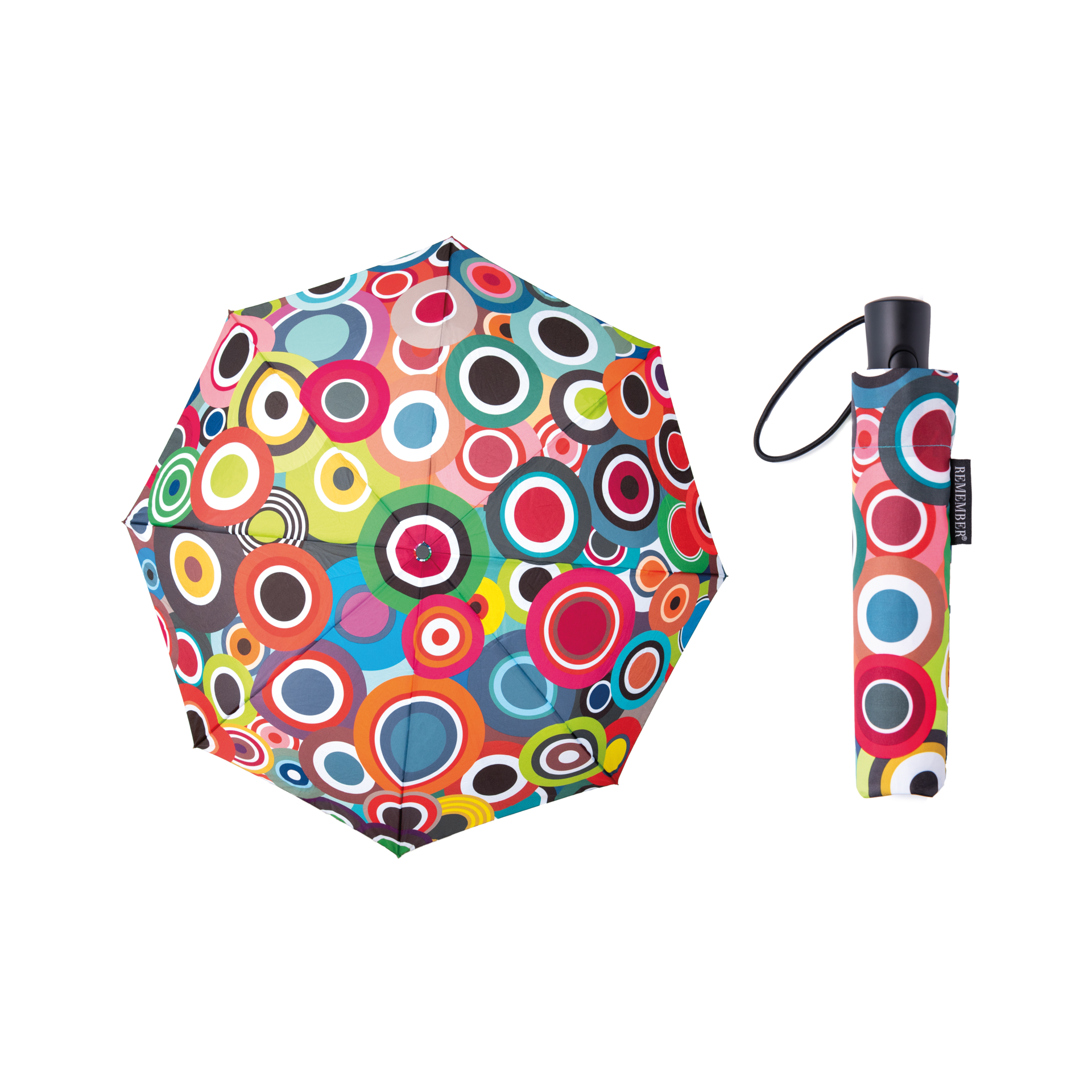 Geöffneter Taschenschirm "Rondo" mit farbenfrohem Kreismuster und daneben der zusammengefaltete Schirm im passenden Design.
