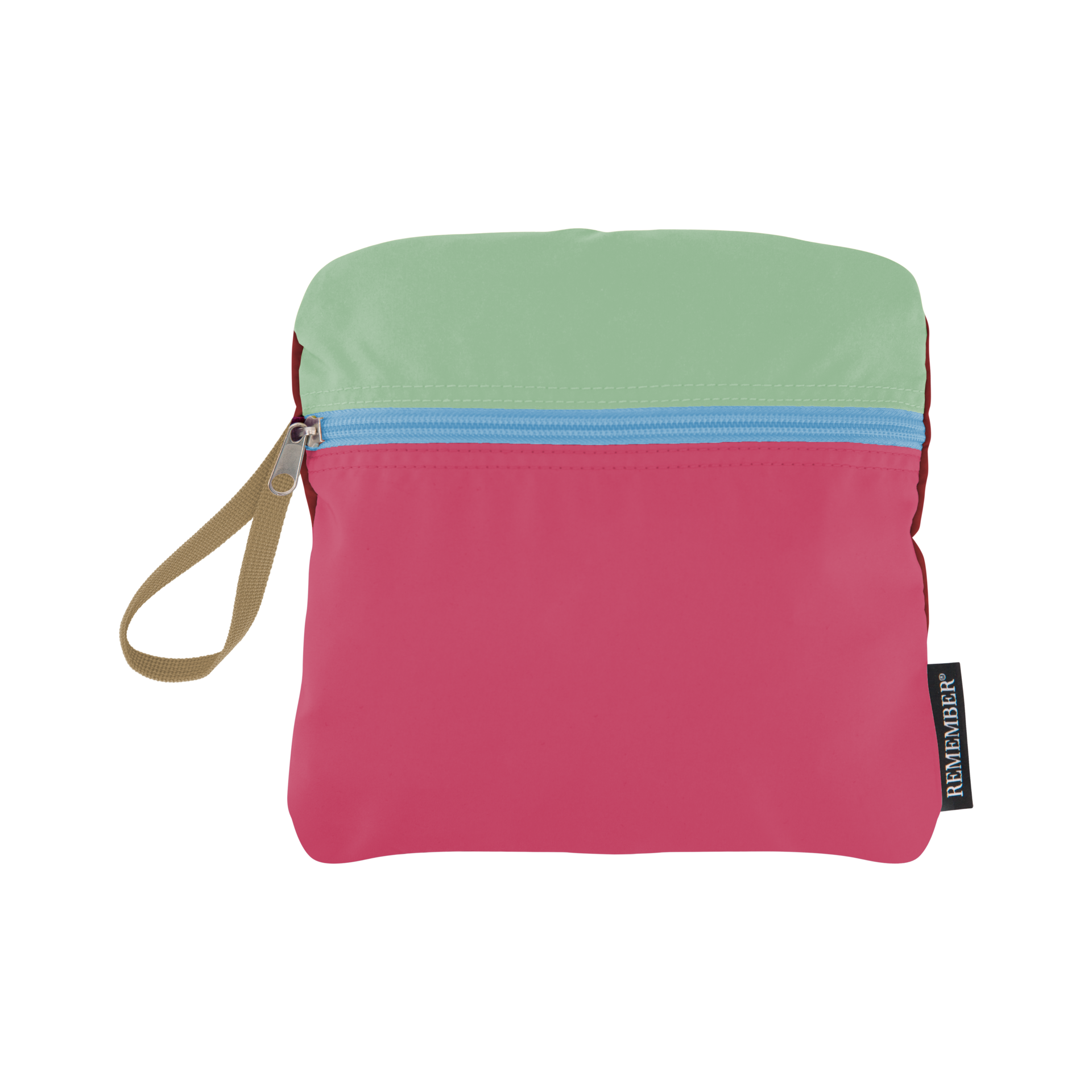 Sac à dos pliable multicolore (rose, fuchsia, vert menthe, orange) en polyester léger. Avec poche avant zippée bleu clair, poches latérales en filet bordeaux, bretelles beiges. Étiquette « REMEMBER » devant.