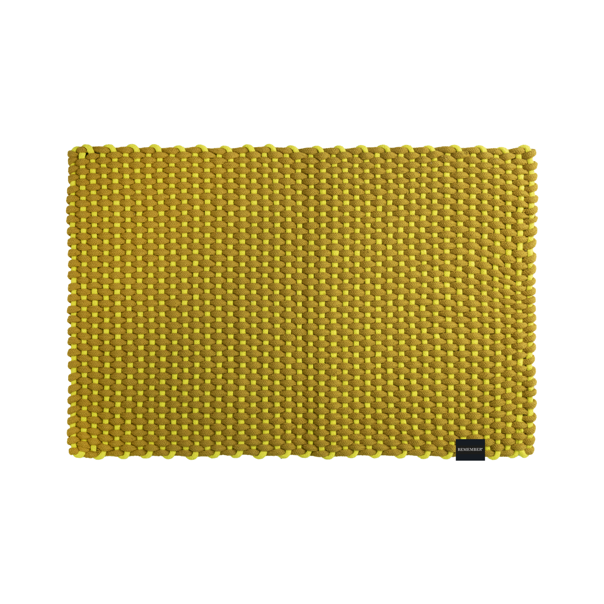 Handgewebte, rechteckige Fußmatte 'Lida' in Lime-Farben. Die Matte hat eine markante, robuste Textur mit einem kleinen, schwarzen Etikett.