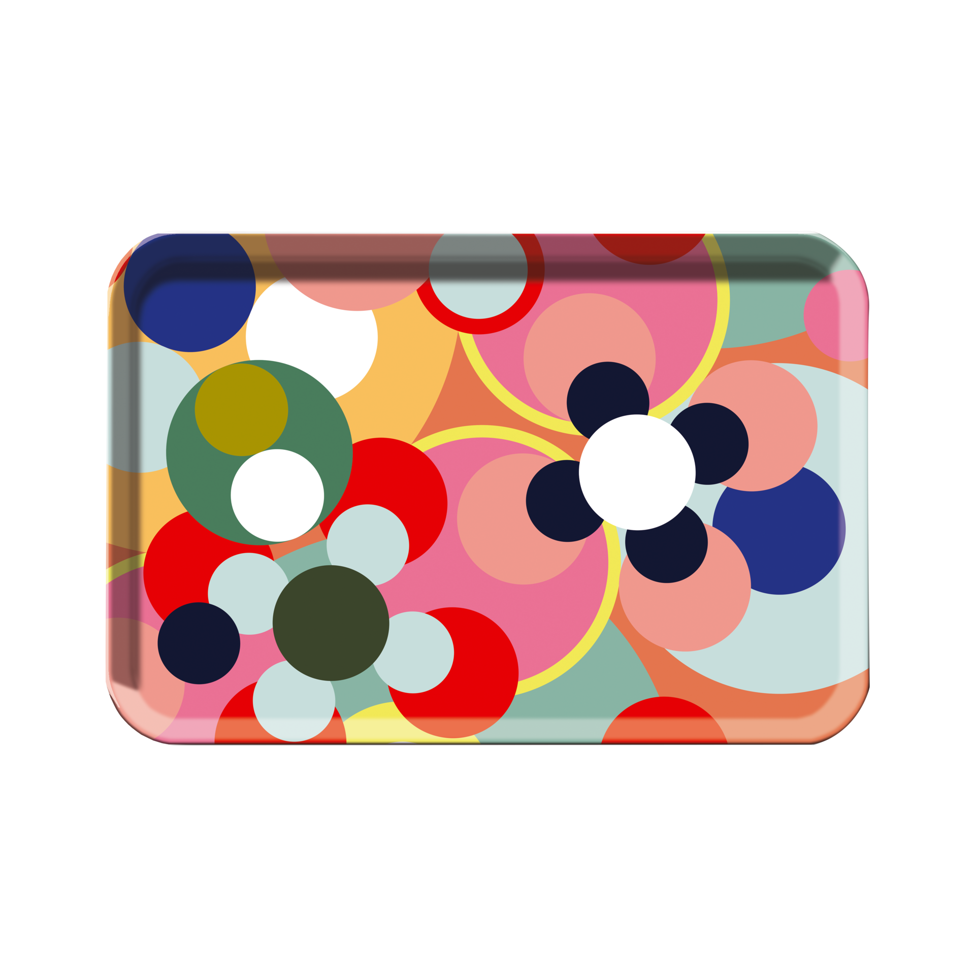 Rechteckiges Sushi Tablett mit abgerundeten Ecken und einem bunten Muster aus Kreisen und Blumen in Pink, Rot, Blau, Grün und Gelb.