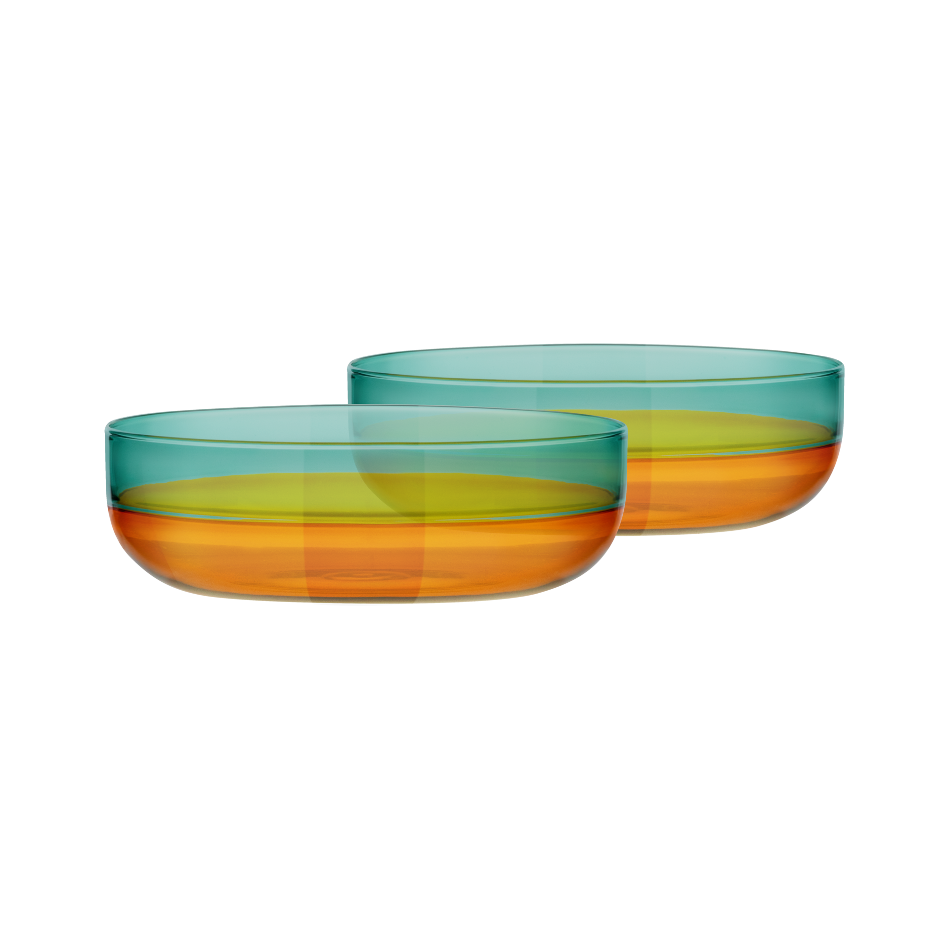 Zwei Glasschälchen im 'amber' Design, gestapelt. Die Schälchen haben einen grünen oberen Rand und einen amberfarbenen unteren Teil.