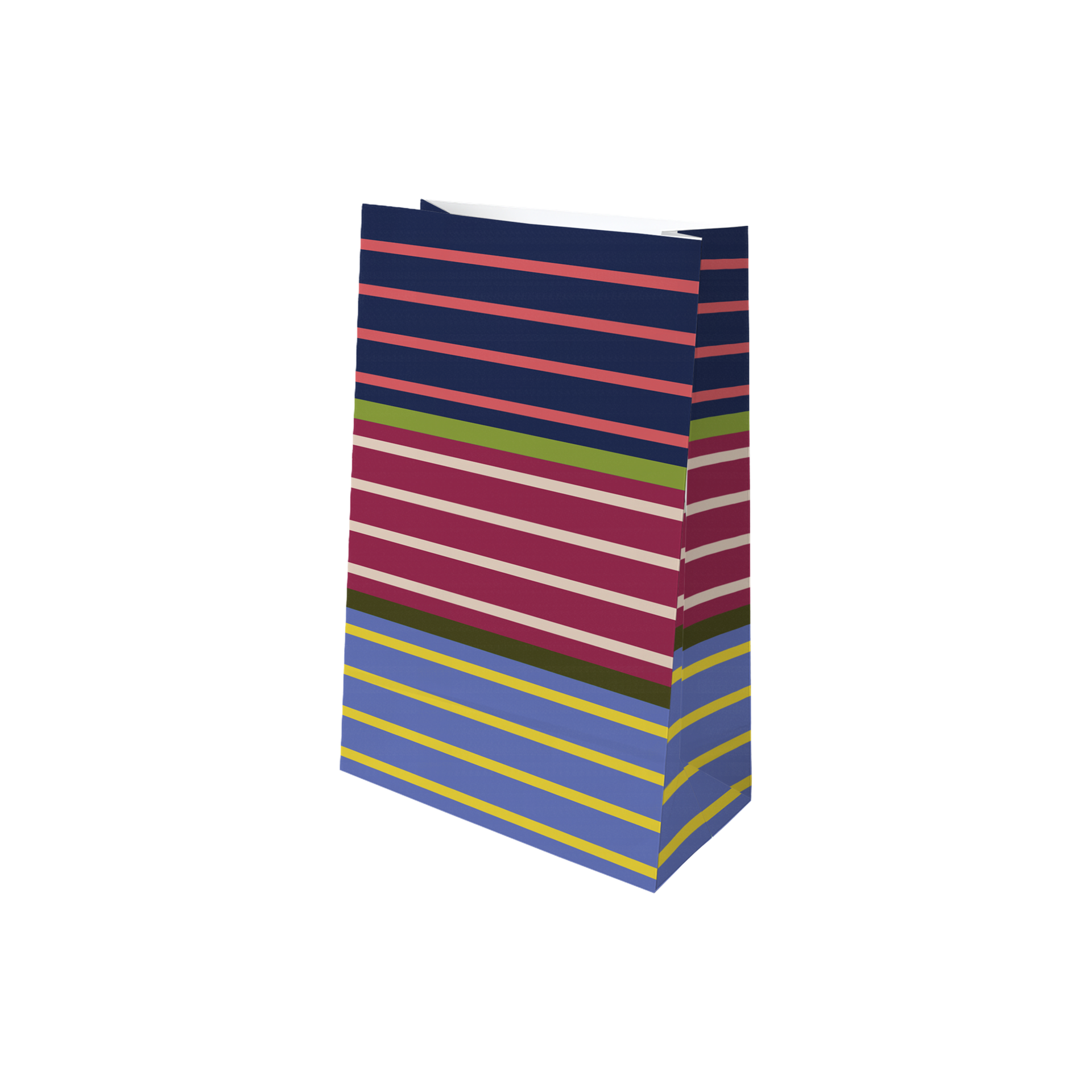 Eine Adventskalender-Tüte aus Papier, vertikal auf weißem Hintergrund. Mit horizontalen Streifen in Dunkelblau, Koralle, Grün, Beere, Cremeweiß, Oliv und Hellblau; unten gelbe Streifen. Öffnung oben sichtbar.
