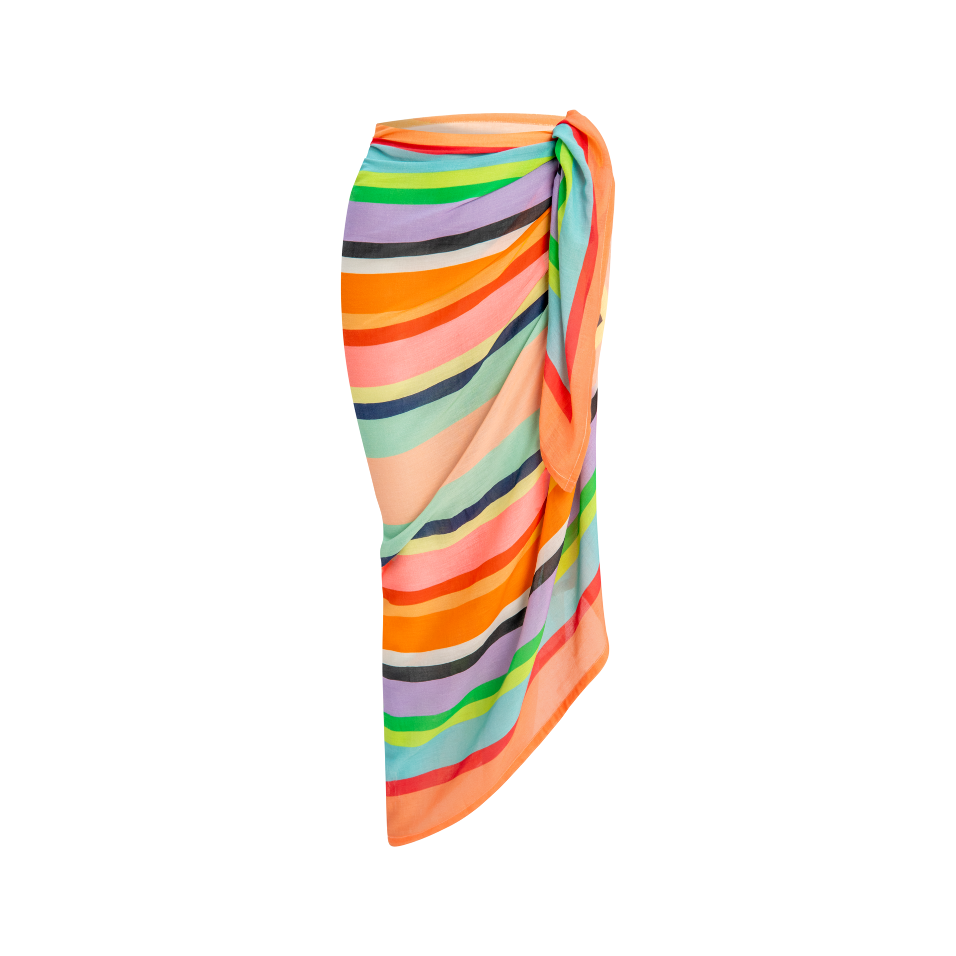Gestreifter Pareo 'Sunshine', als Rock gebunden. Die Farben sind Orange, Grün, Lila, Schwarz und verschiedene Blautöne.