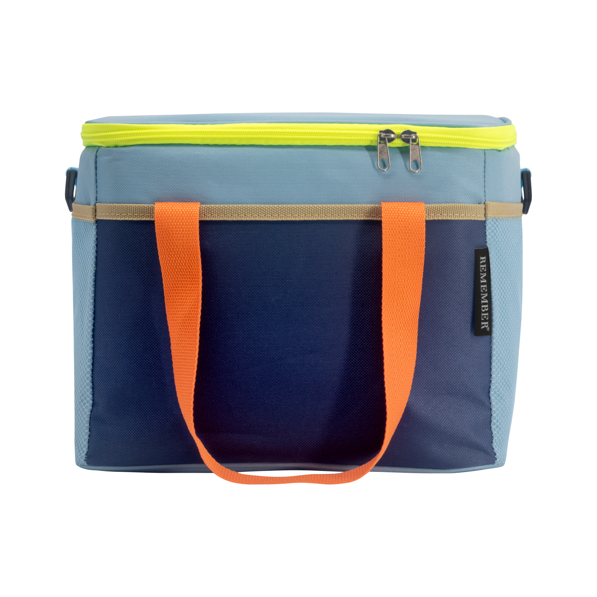 Isolierte Kühltasche 'Nick' in Blau- und Orangetönen mit Tragegriffen und Reißverschluss, freigestellt.