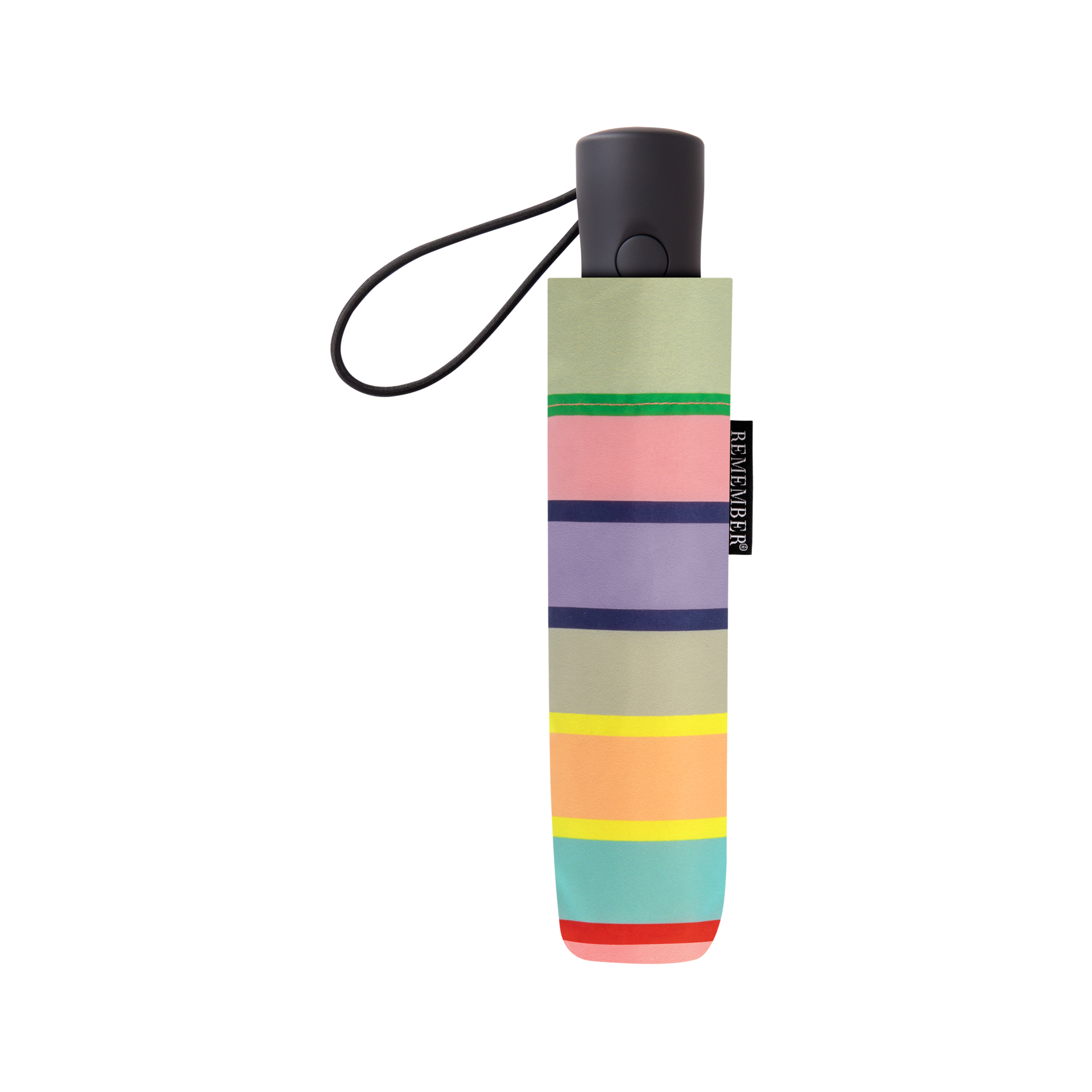 Geschlossener Taschenschirm „Levante“ mit bunten Streifen, Gummischlaufe und schwarzem Griff. Seitlich ein Etikett mit dem Aufdruck „Remember“.