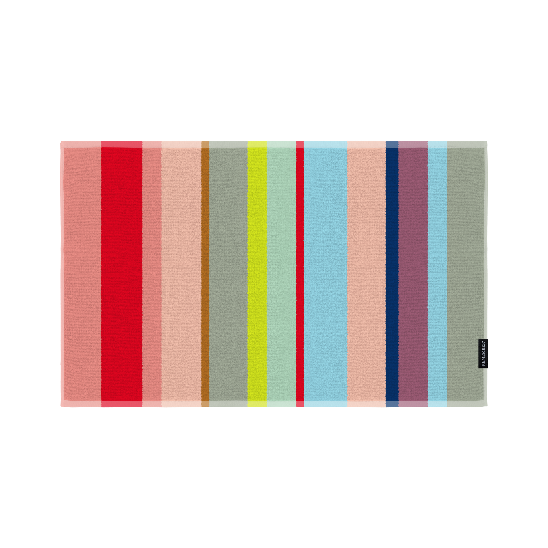 Tapis de bain rectangulaire « Nice » à rayures verticales très dynamiques : larges bandes aux couleurs douces (rose pâle, pêche, gris clair), rehaussées de touches de rouge, jaune fluo, turquoise, bleu marine, marron et violet.
