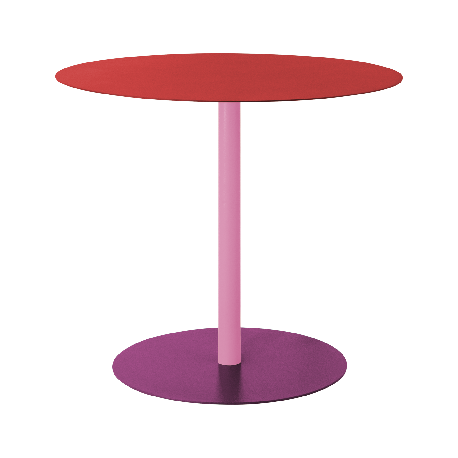 Table d'appoint ronde aux trois nuances de couleur : plateau rouge vif, pied cylindrique rose clair, socle rond violet foncé. Table moderne en métal thermolaqué aux surfaces lisses et mates sur fond blanc.