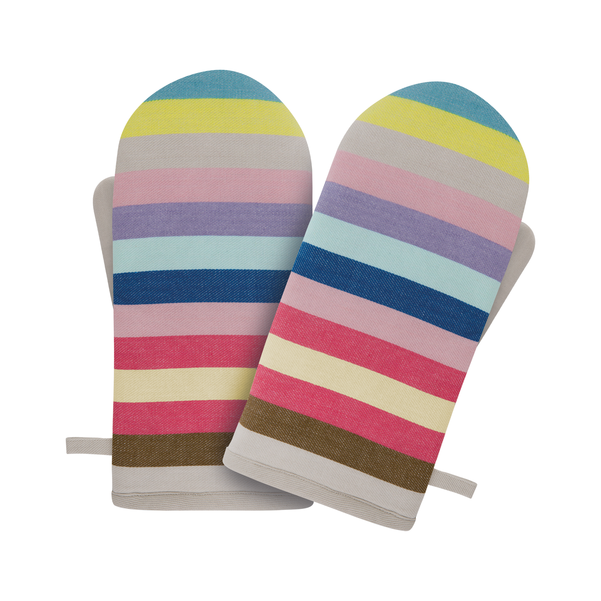 Zwei Ofenhandschuhe im Set, gestreift in Gelb, Grau, Rosa, Lila, Blau und Türkis. Die Handschuhe liegen übereinander. Eine Schlaufe zum Aufhängen ist sichtbar.