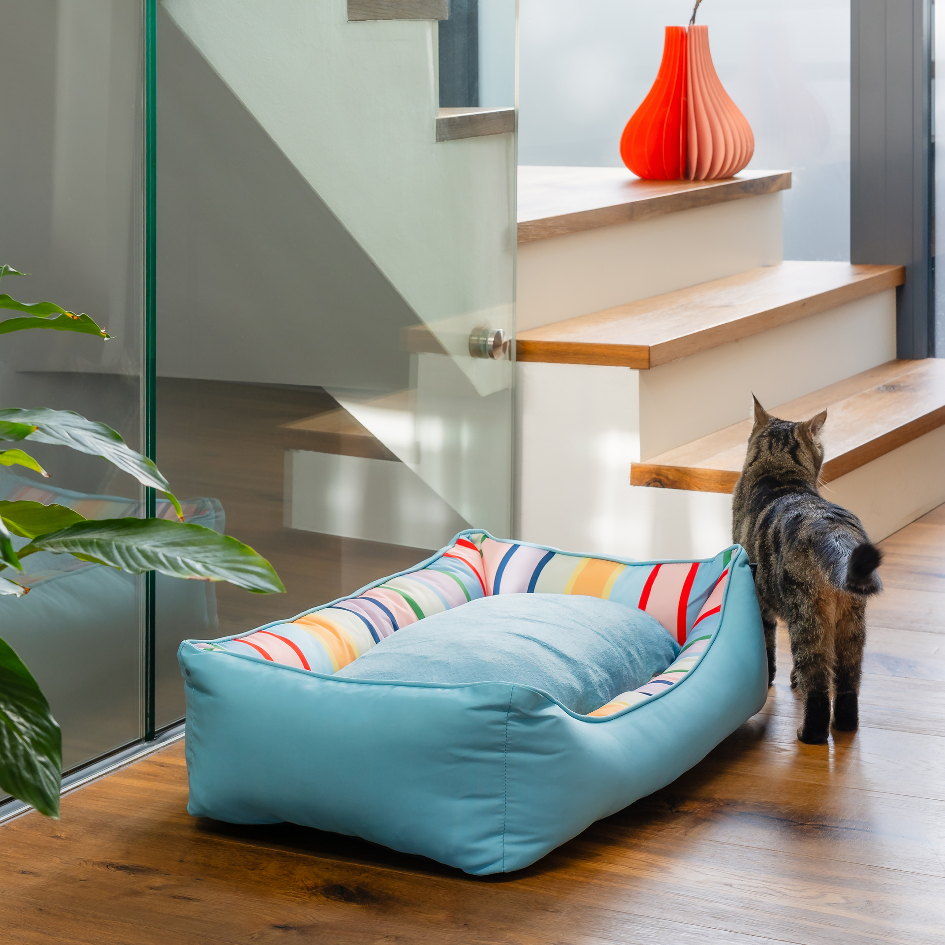 Lit pour chien rayé Lotta M, taille M, avec une housse extérieure bleu clair et un coussin moelleux et amovible. Le coussin et les parois intérieures arborent des rayures verticales aux couleurs vives : rouge, orange, jaune, bleu et rose.