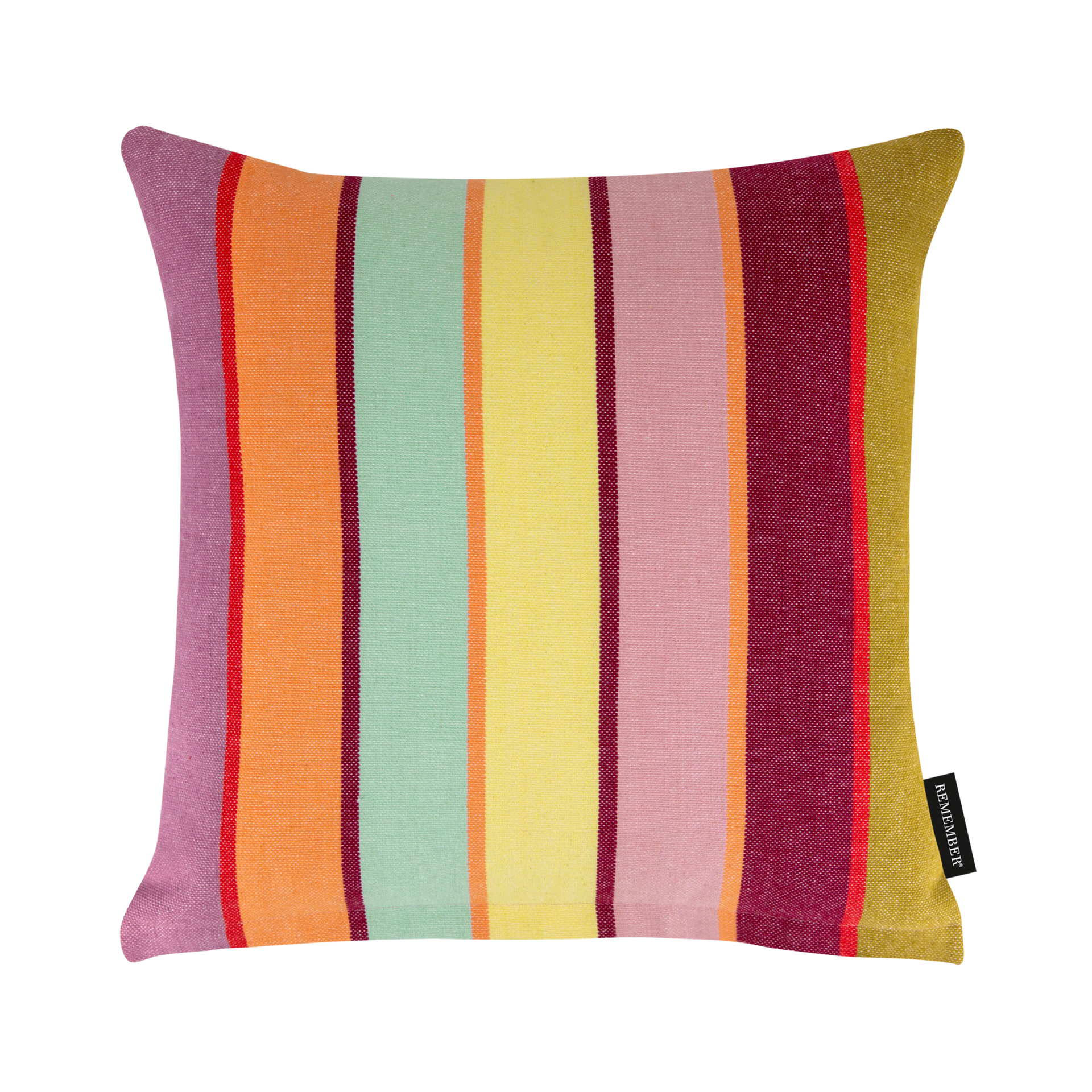 Coussin carré en coton orné de rayures verticales vives aux couleurs variées : violet, orange, vert, jaune, rose, bordeaux et vert olive. Structure tissée bien marquée et petite étiquette noire de la marque en bas à droite.