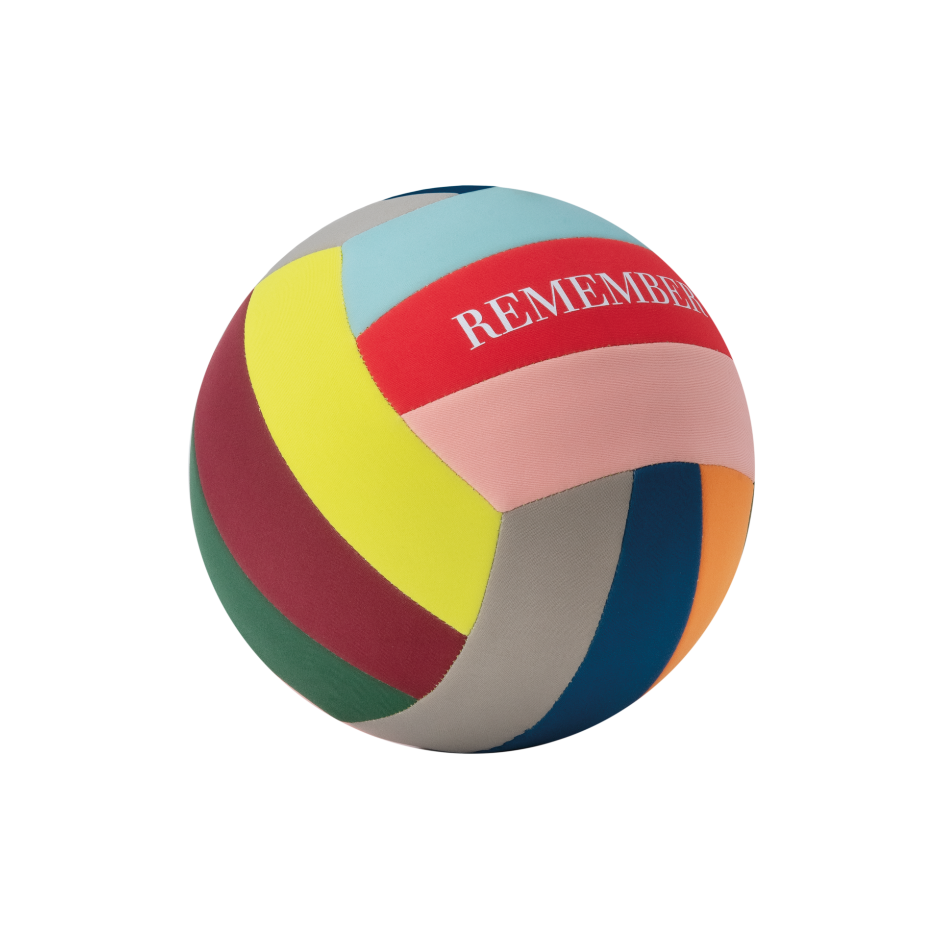 Bunter Freizeit-Ball in Volleyballgröße mit "REMEMBER" Aufdruck, bestehend aus verschiedenfarbigen Neopren-Segmenten.