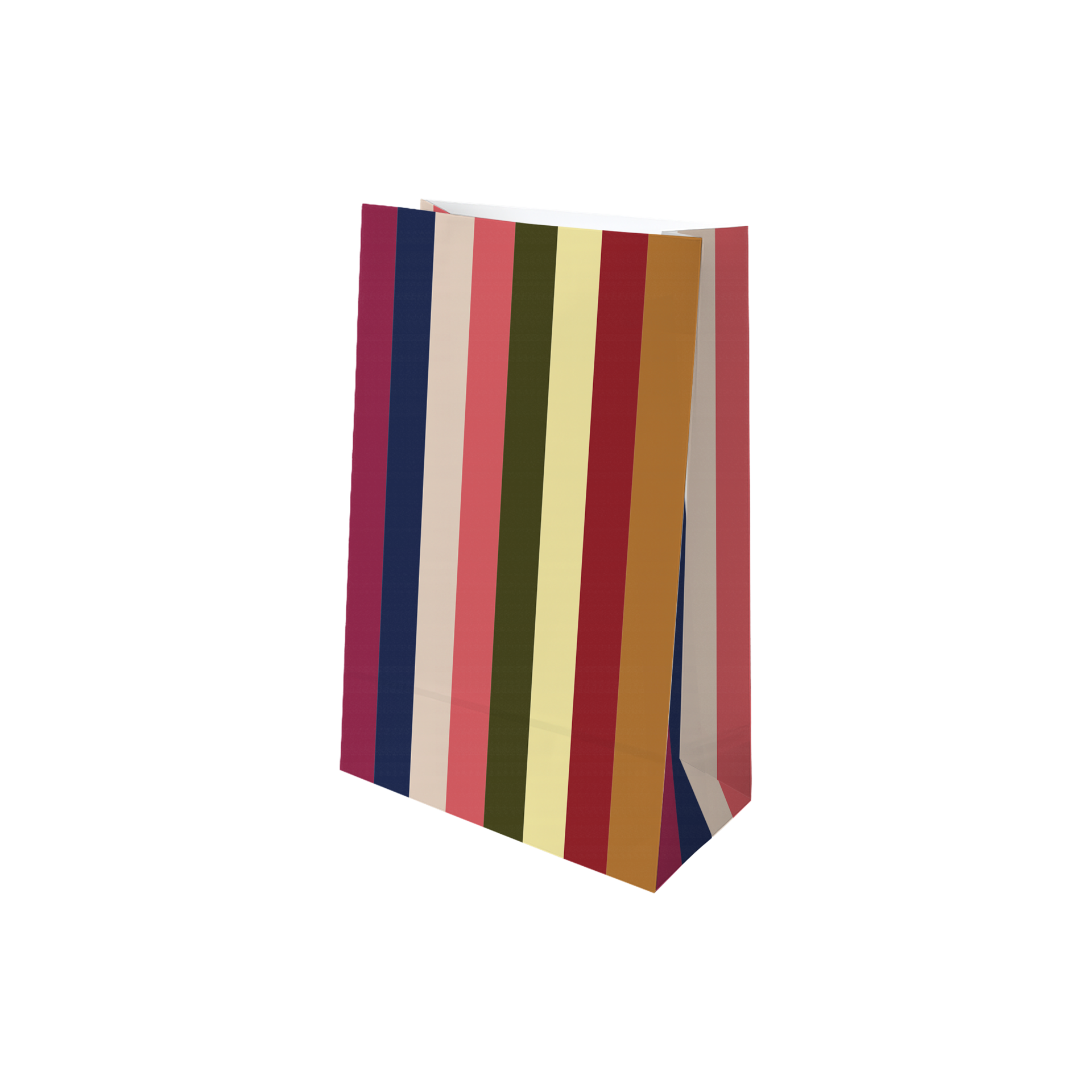 Stehende Papiertüte für den Adventskalender mit buntem vertikalem Streifenmuster (Dunkelrosa, Marineblau, Beige, Korallenrot, Olivgrün, Hellgelb, Dunkelrot, Braun). Leicht schräg, Vorder- und Seitenfläche sichtbar, oben offen.