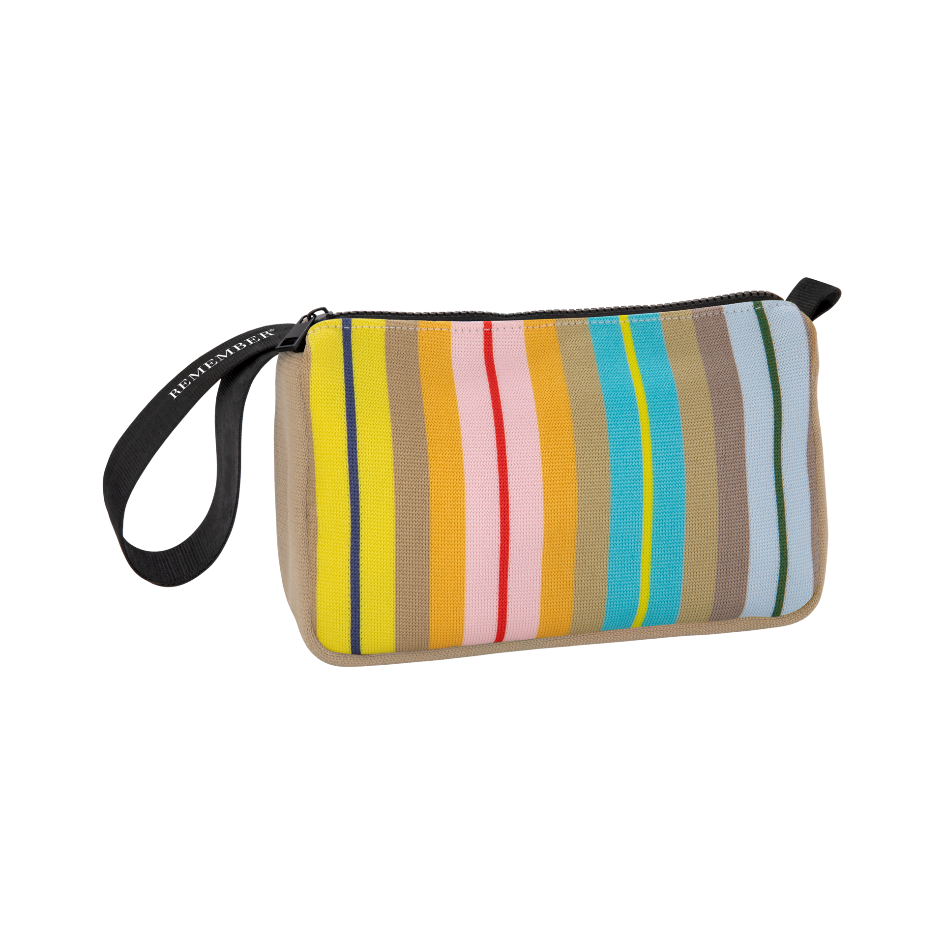 Trousse de maquillage rectangulaire Ventara, décorée de rayures verticales vives (jaune, orange, rose, rouge, bleu, vert, beige). Fermeture zippée noire sur le dessus et poignée noire «REMEMBER» à gauche. Côtés beiges.