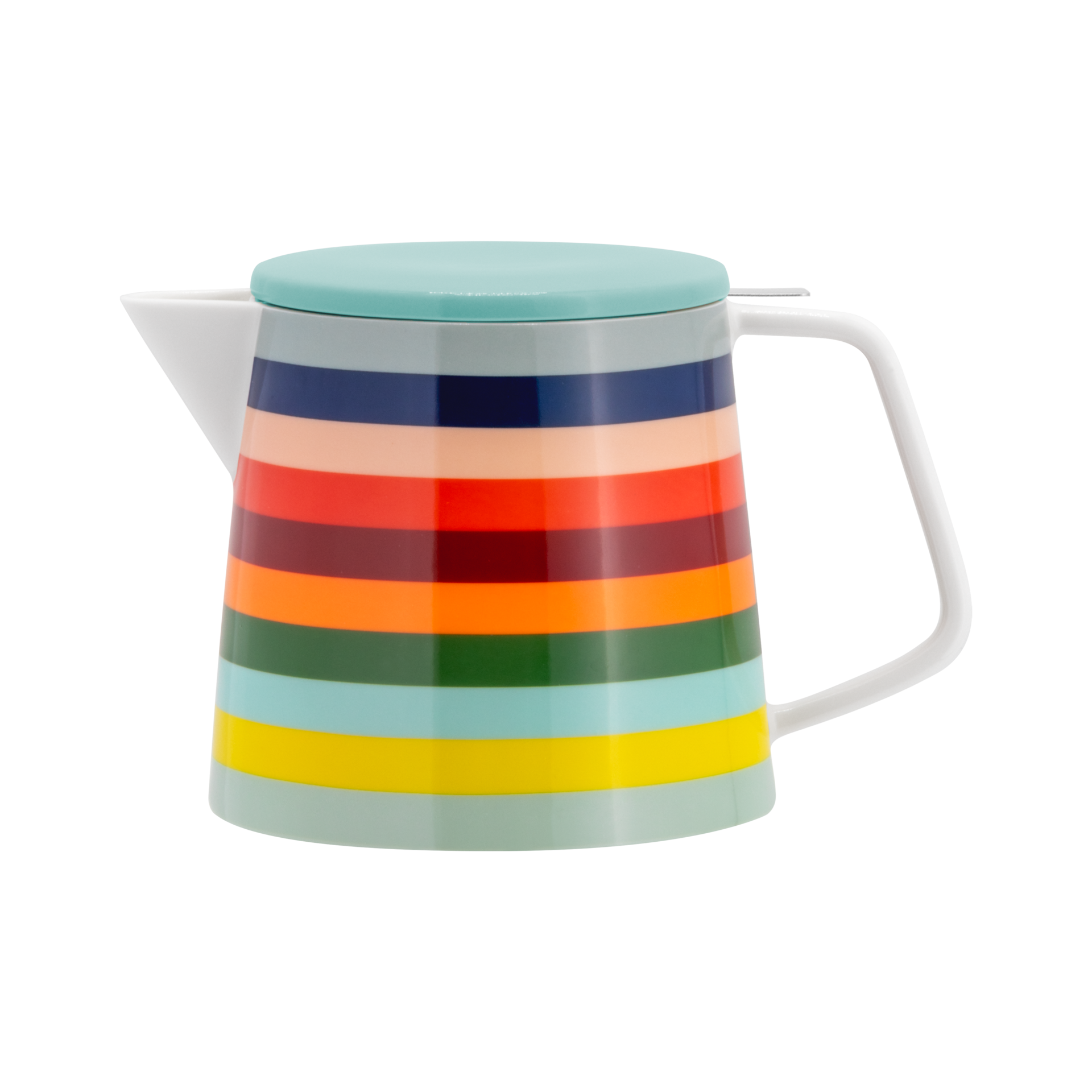 Teekanne 'Lorenzo' mit farbenfrohen horizontalen Streifen in Gelb, Grün, Orange, Rot und Blau mit passendem Deckel und weißem Henkel auf weißem Grund.