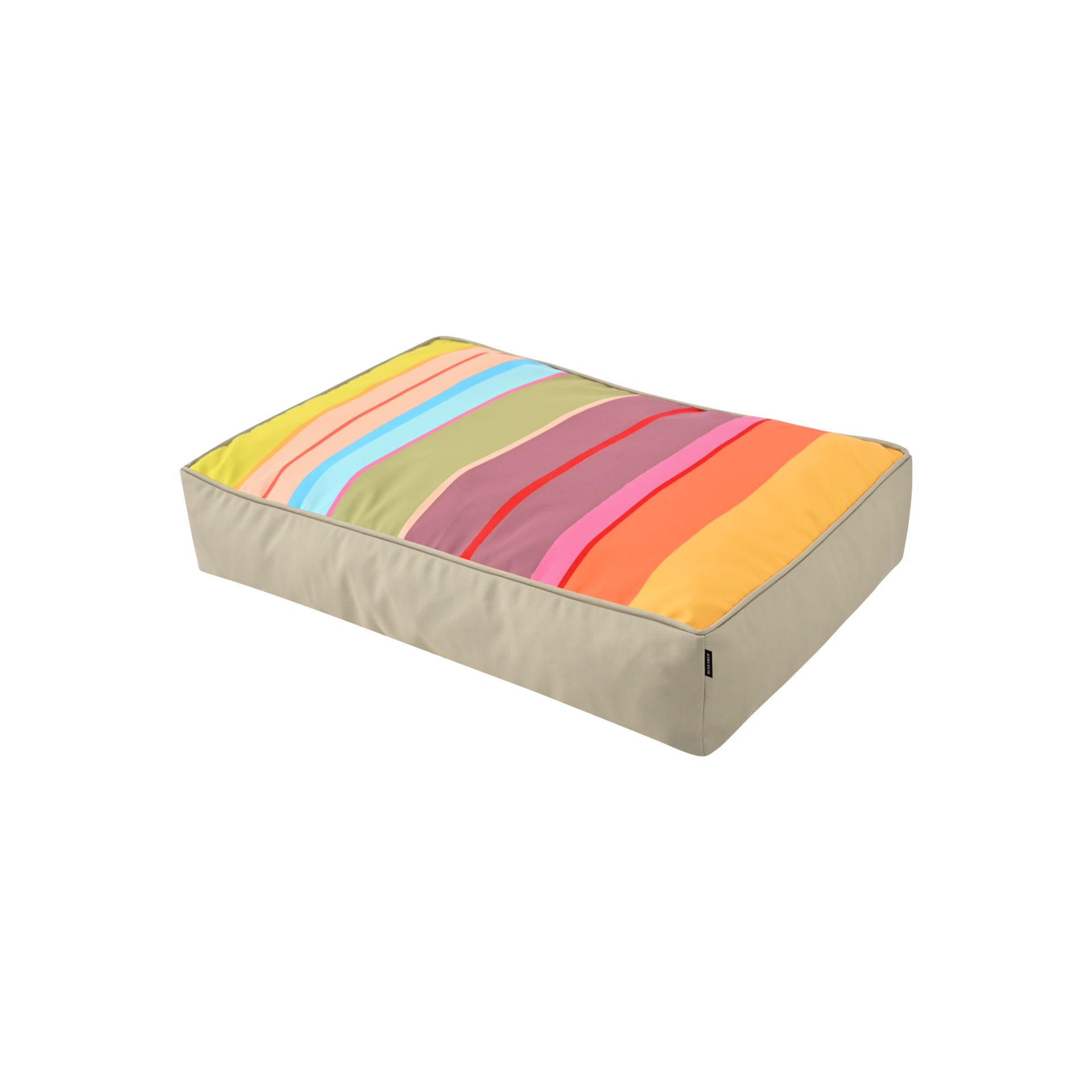 Coussin rectangulaire pour chien Theo M avec une face supérieure colorée : larges rayures horizontales dans des tons vifs de jaune, orange, rouge, rose, violet, vert et bleu clair. Côtés dans un beige clair neutre. Idéal comme lieu de repos.