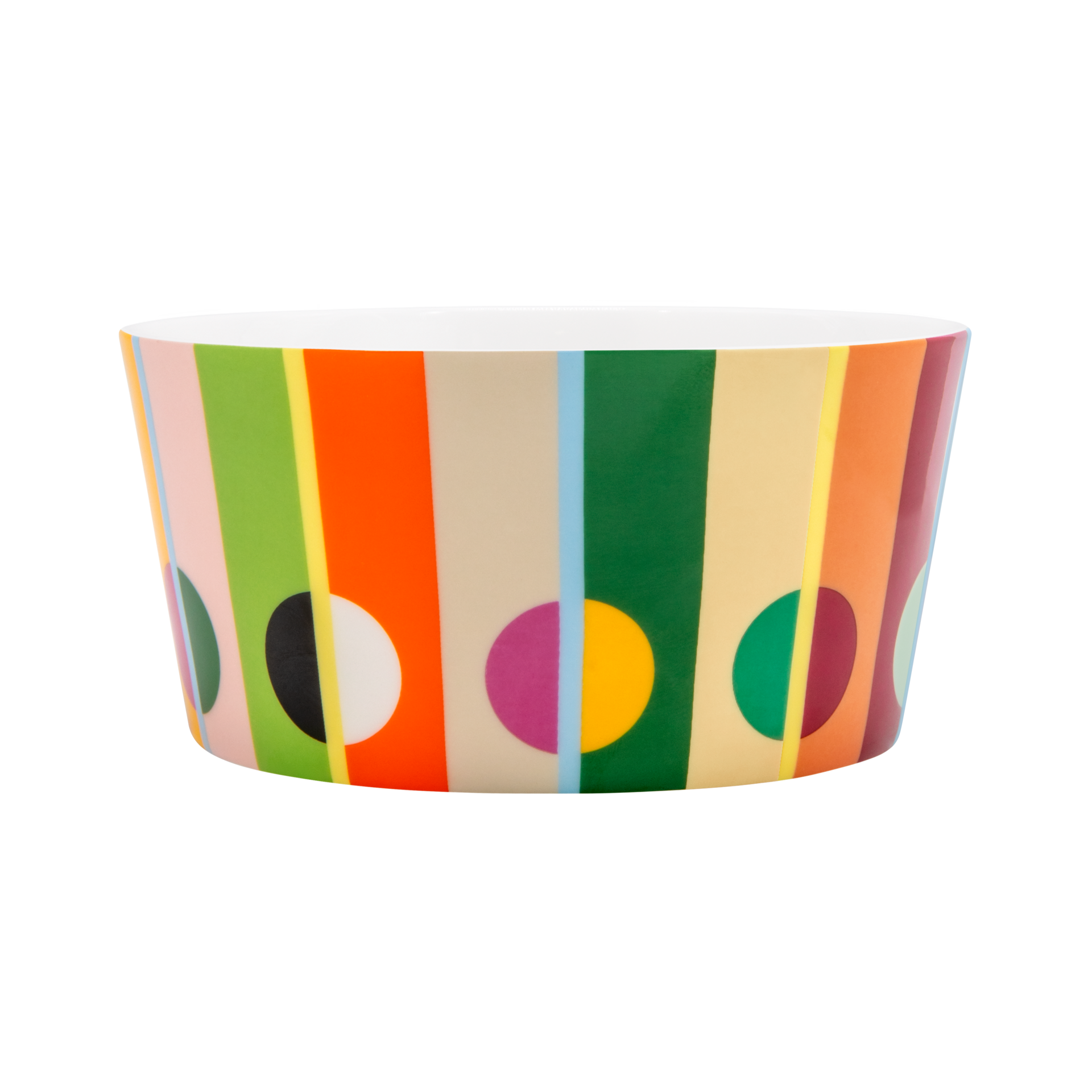 Bunte Müslischale Orb mit Streifenmuster in Pink, Hellgrün, Orange und Beige. Darauf verspielte Kreise und Halbkreise in Magenta, Gelb, Grün und Schwarz. Glatte, weiße Innenseite, farbenfroh.
