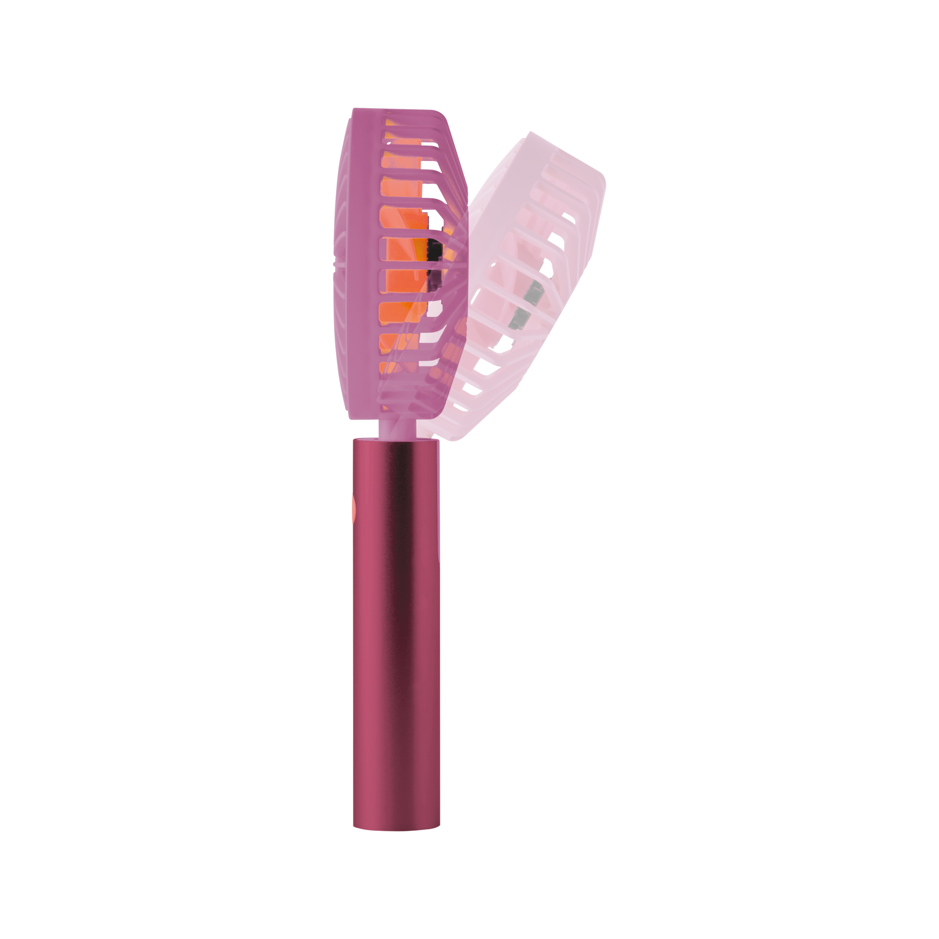 Un ventilatore Flow ricaricabile di colore "berry" con manico cilindrico e testa girevole, il cui movimento è rappresentato come un'immagine fantasma.