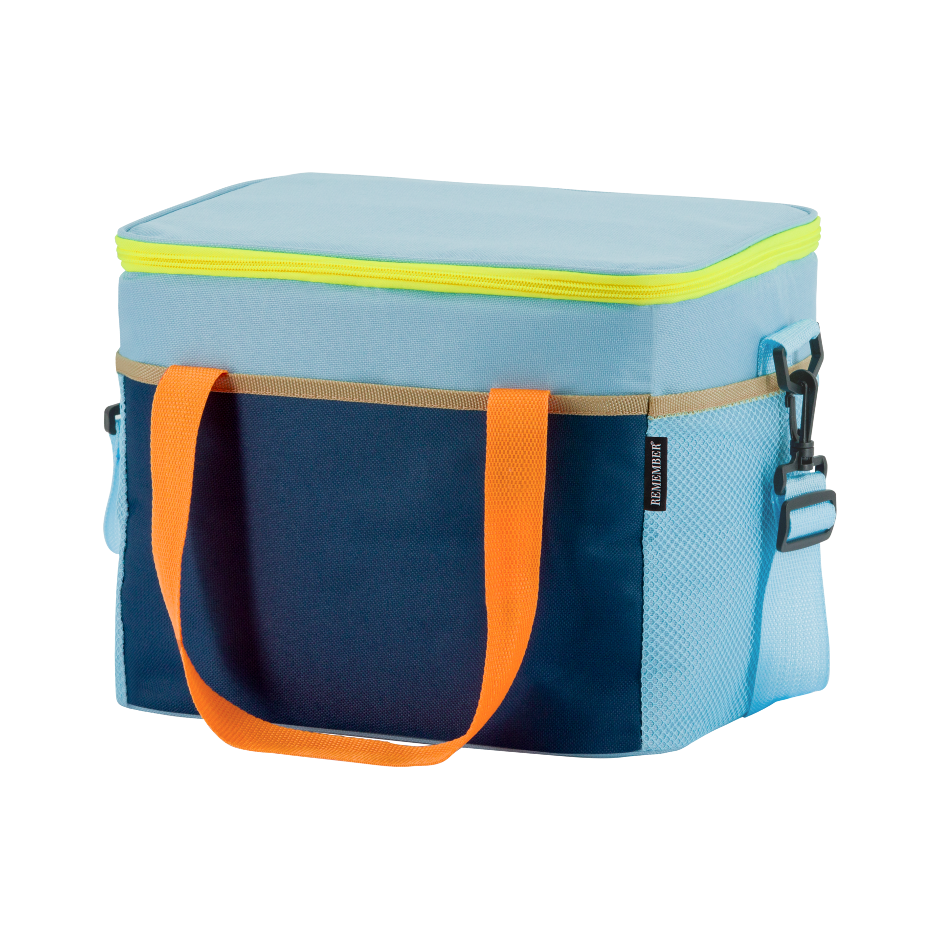 Freistehende, rechteckige Kühltasche 'Nick' in Blau- und Türkistönen mit gelbem Reißverschluss und orangefarbenen Tragegriffen.