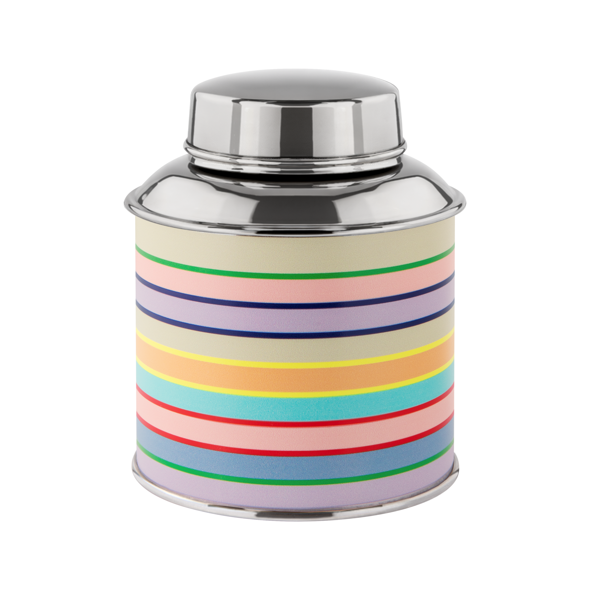 Boîte à thé cylindrique avec un couvercle argenté brillant et un corps aux couleurs vives. Ornée de rayures horizontales aux tons pastel (beige, vert, rose, violet, bleu, jaune, orange et rouge) dans un style « REMEMBER ». En acier inoxydable.