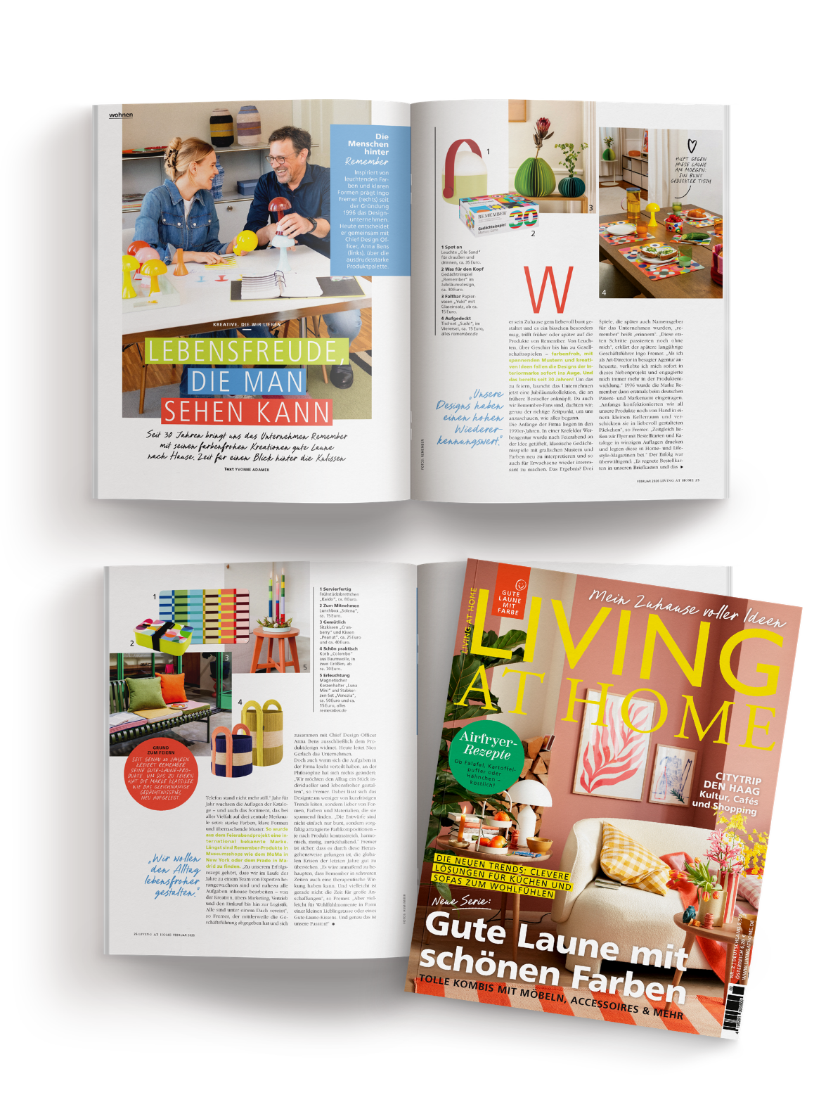 Doppelseitiger Magazinartikel mit fröhlichen Farben, Möbeln, Accessoires und Texten über Wohntrends und Inneneinrichtung.