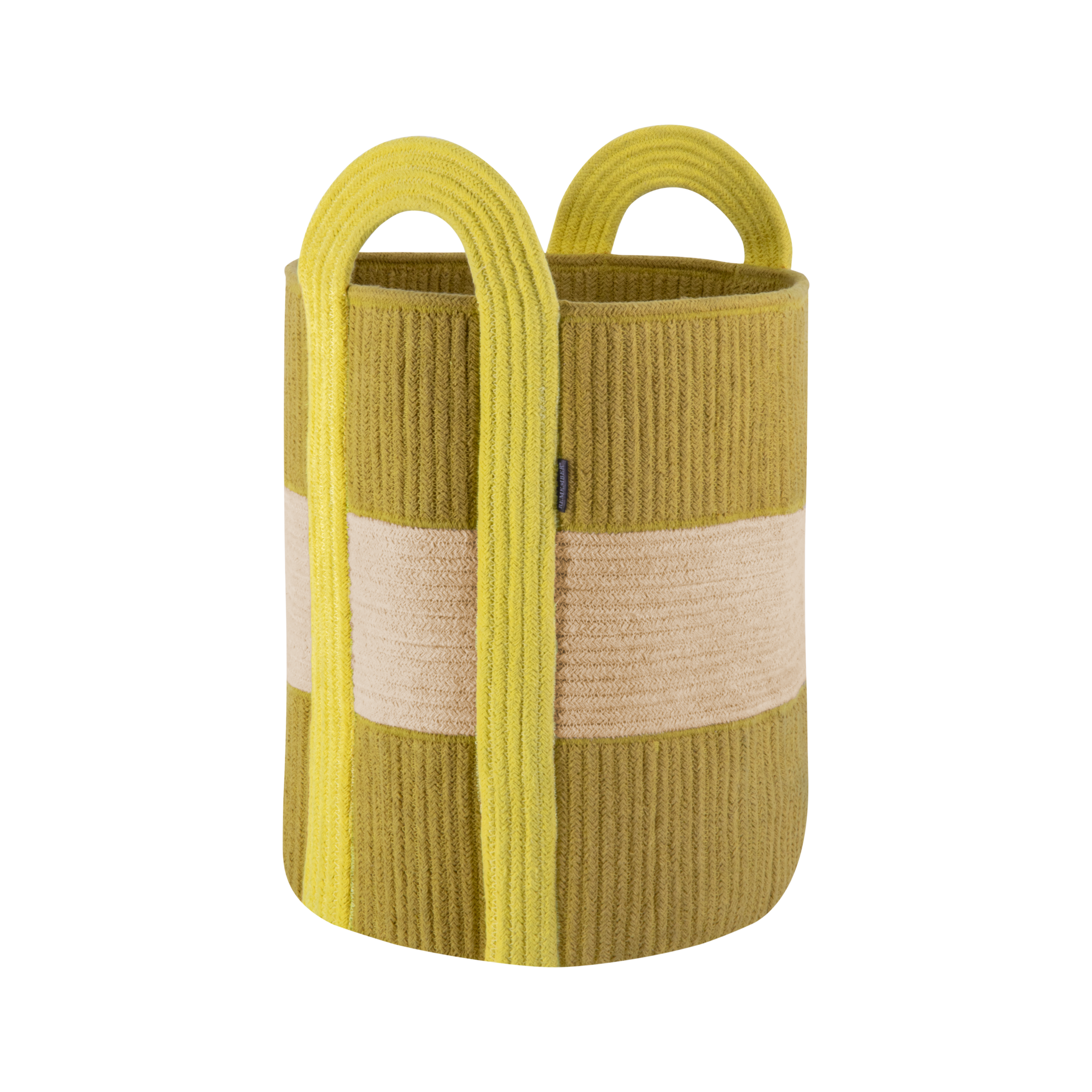 Großer, zylinderförmiger Korb 'Colombo' aus Baumwolle mit zwei gelben Tragegriffen und horizontalen Streifen in Olivgrün und Beige.