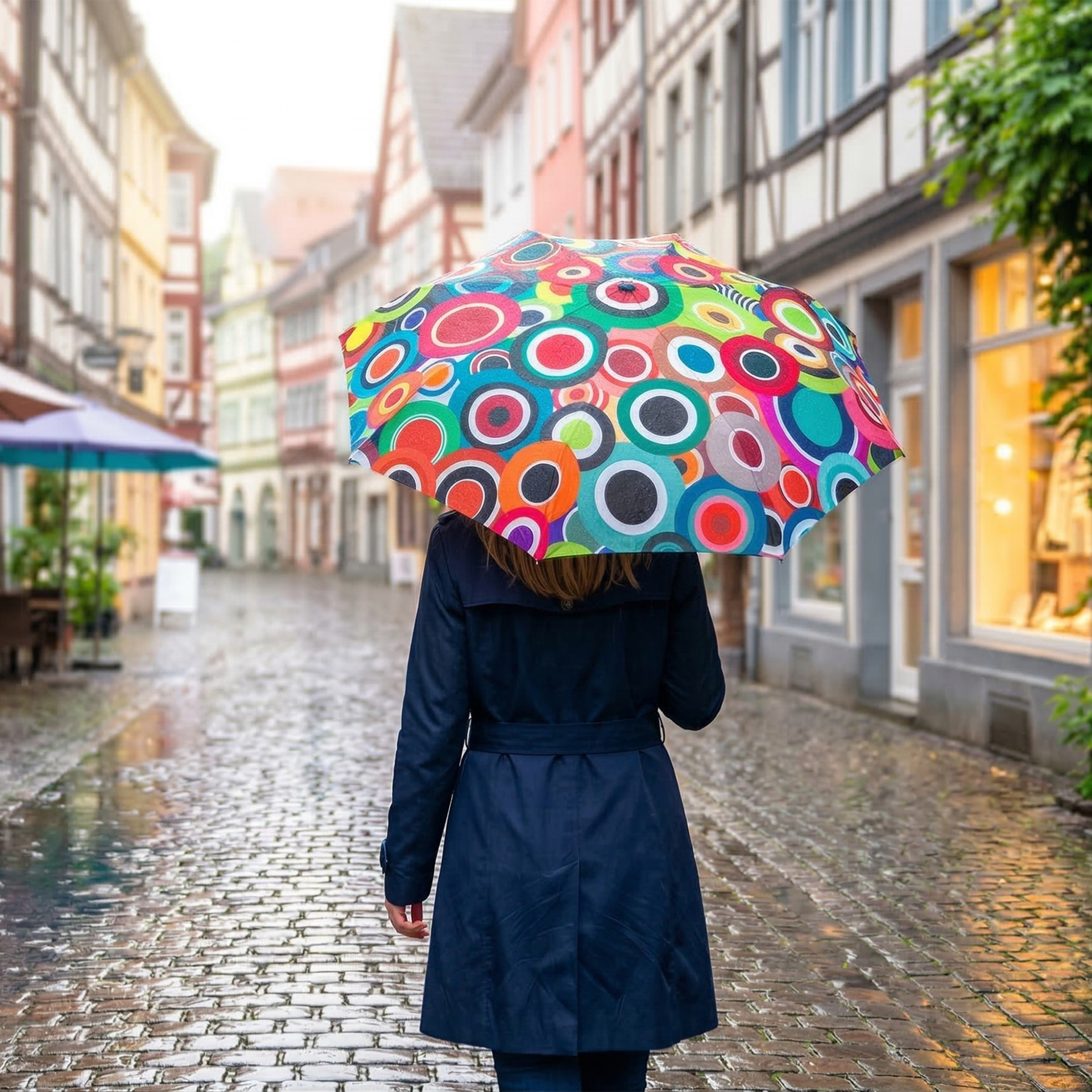 Geöffneter Taschenschirm "Rondo" mit farbenfrohem Kreismuster und daneben der zusammengefaltete Schirm im passenden Design.