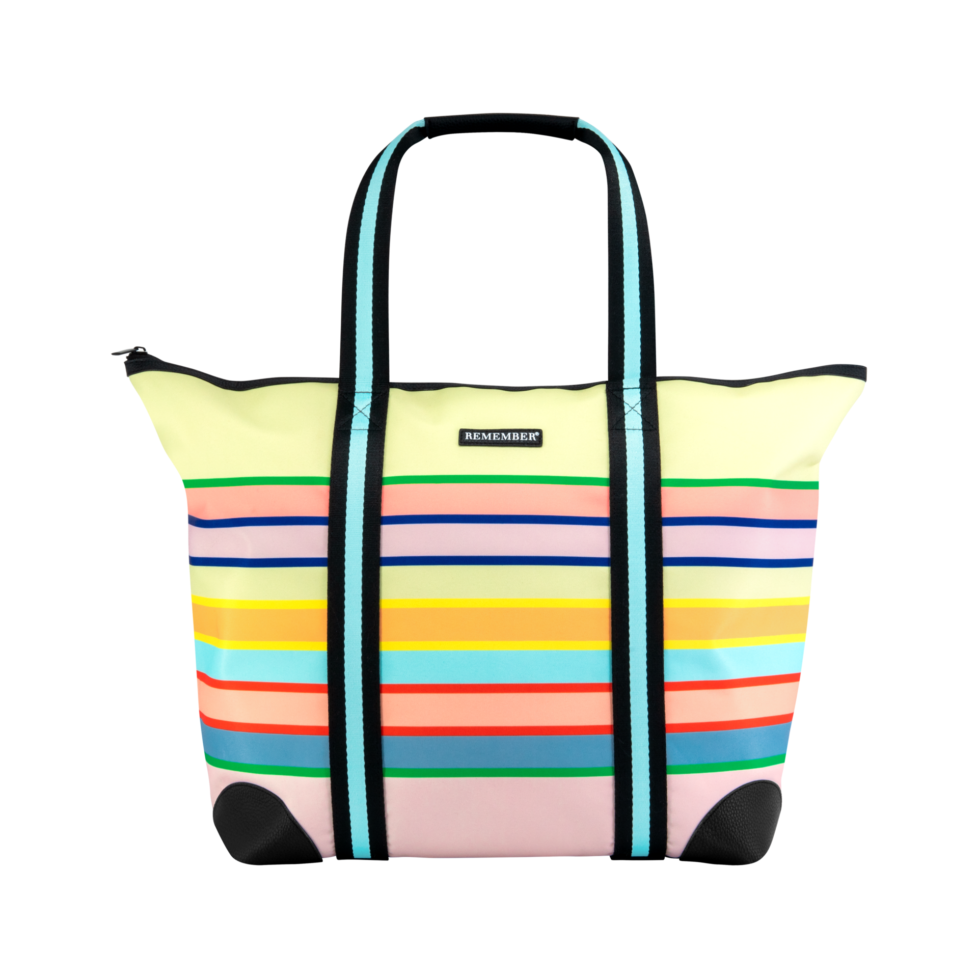 Gestreifte Levante Shopper Tasche mit gelbem Oberteil, farbigen horizontalen Streifen und schwarzen Trägern mit hellblauen Akzenten.