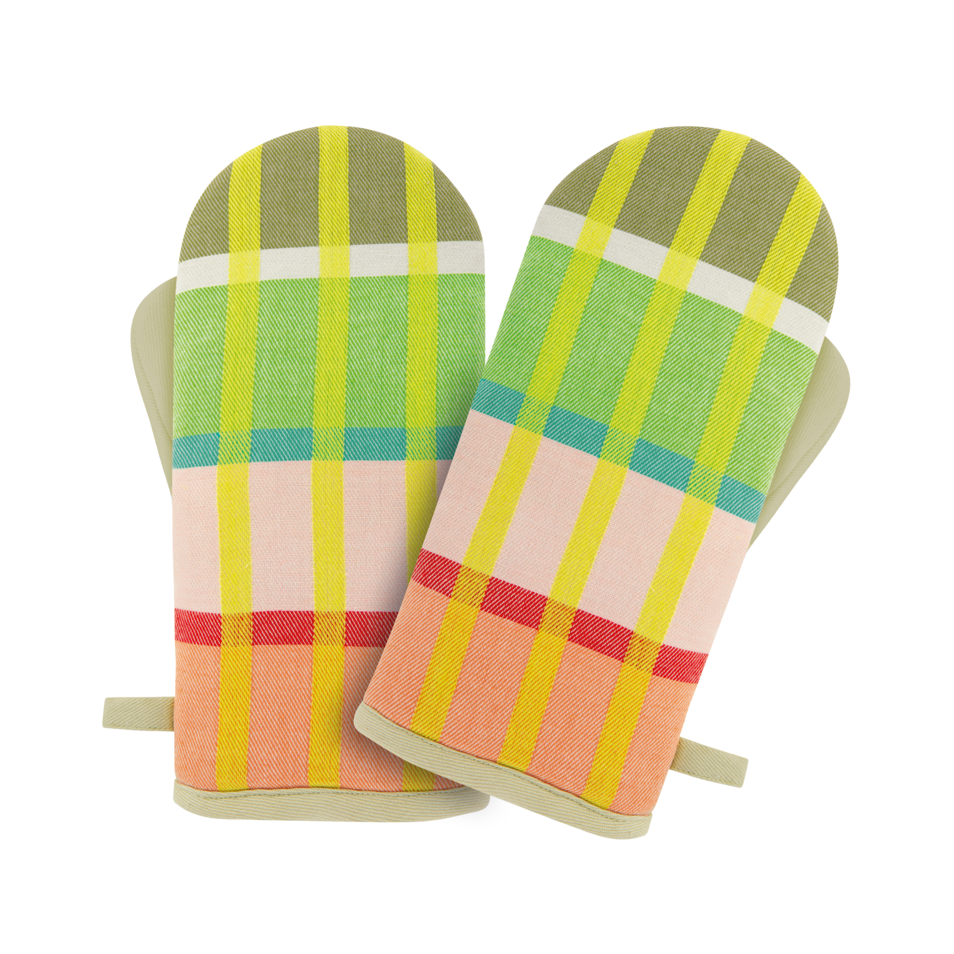 Zwei Ofenhandschuhe im 2er-Set, übereinander liegend. Sie haben ein farbenfrohes Streifendesign in Grün, Gelb, Rot und Orange. Eine Lasche zum Aufhängen ist sichtbar.