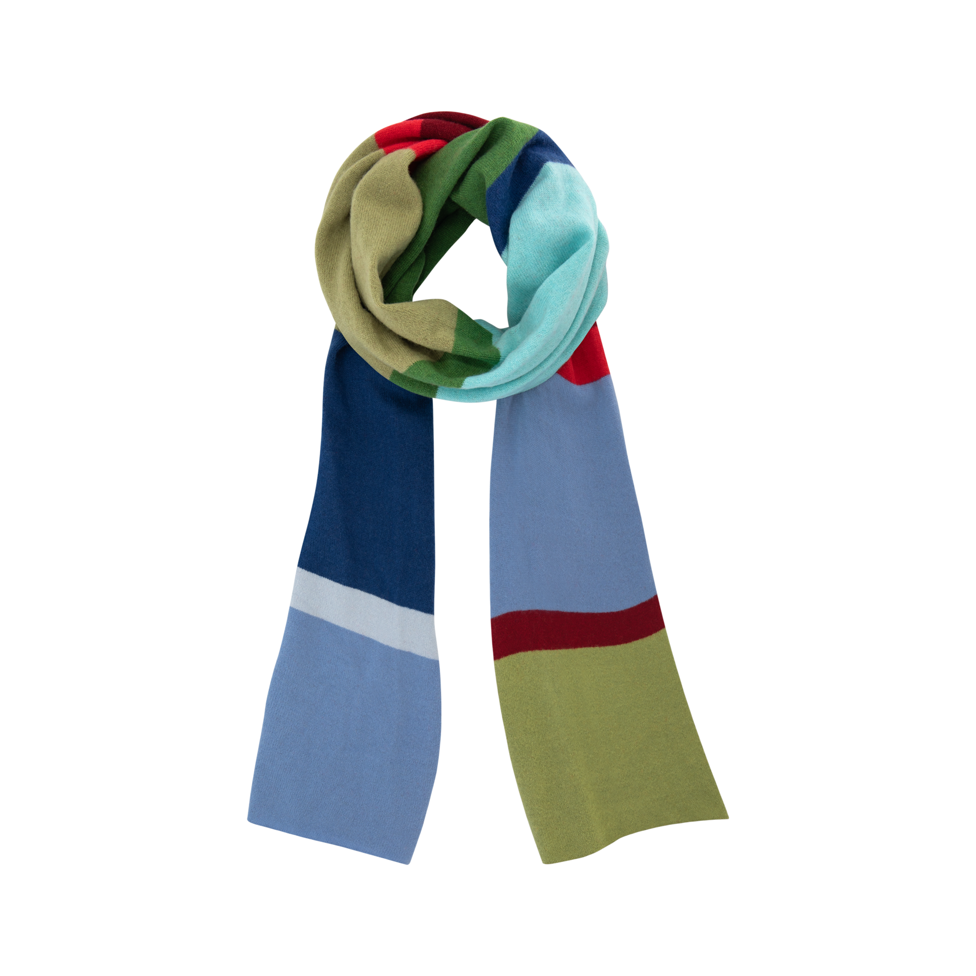 Écharpe douce multicolore en laine et cachemire, plissée avec art et ornée de larges rayures transversales. Nuances de bleu (foncé et clair), vert olive, vert, turquoise et rouge éclatant. Chaleureuse.