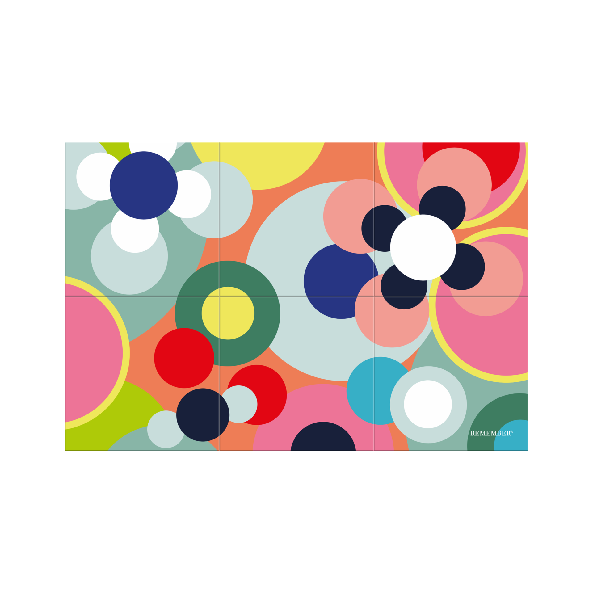Six plaquettes magnétiques souples pour le réfrigérateur, formant un motif abstrait coloré de cercles et segments en croissant. Couleurs : bleu, rose, orange, jaune, vert, bleu clair. Une plaquette retournée, verso noir mat.